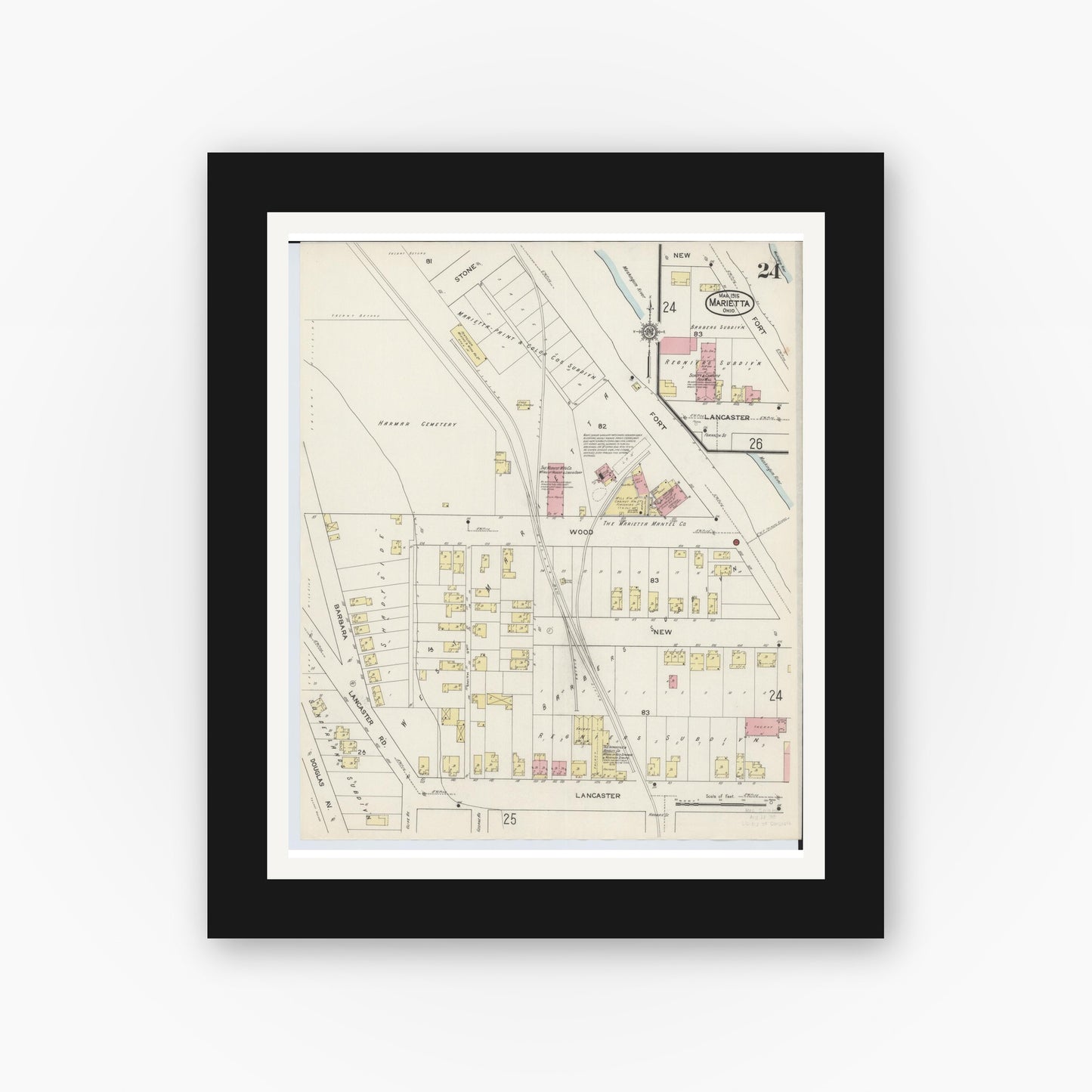 Old map wall art mockup — black gallery frame with white mat — Sanborn Fire Insurance Map from Marietta, Washington County, Ohio (1915), Sheet #0024