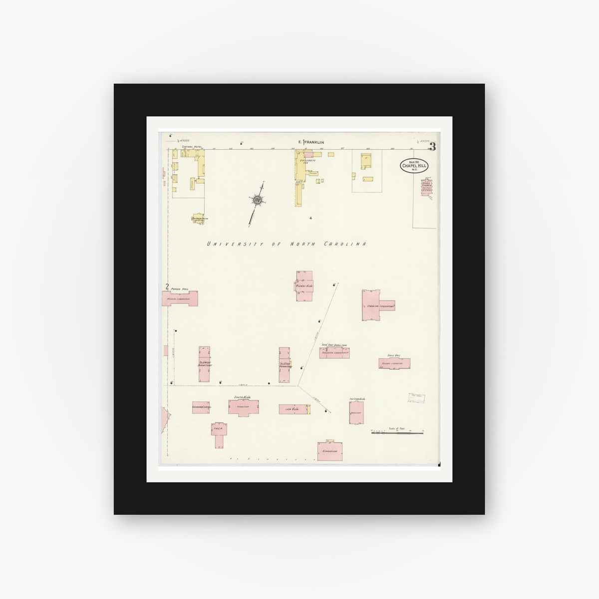 Old map wall art mockup — black gallery frame with white mat — Sanborn Fire Insurance Map from Chapel Hill, Orange County, North Carolina (1911), Sheet #0003