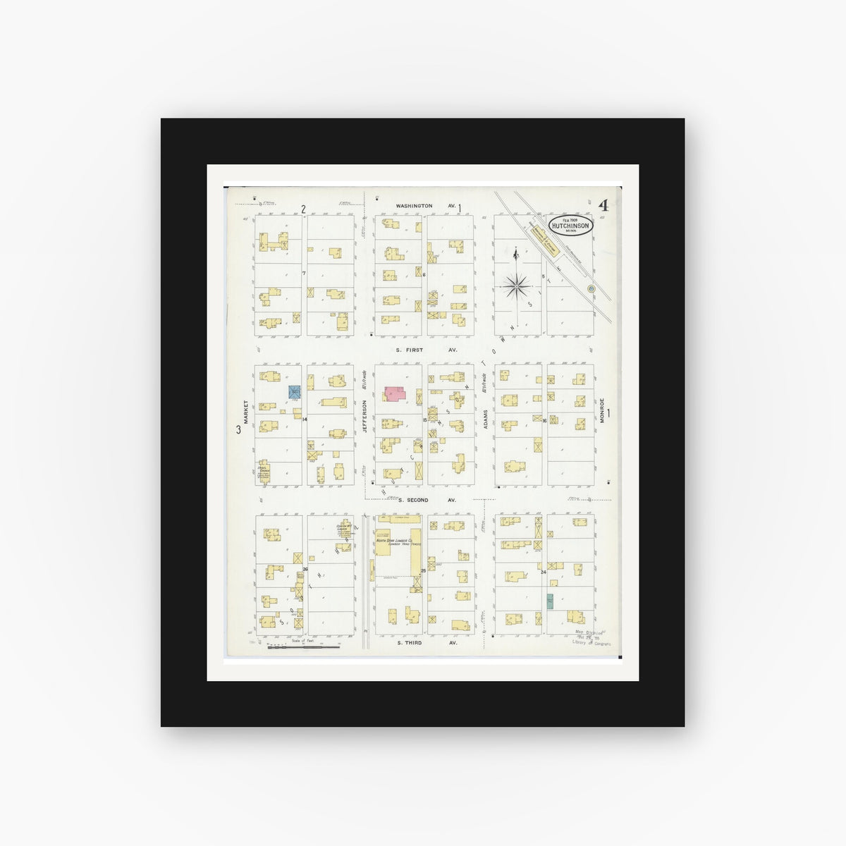 Old map wall art mockup — black gallery frame with white mat — Sanborn Fire Insurance Map from Hutchinson, Mcleod County, Minnesota (1909), Sheet #0004