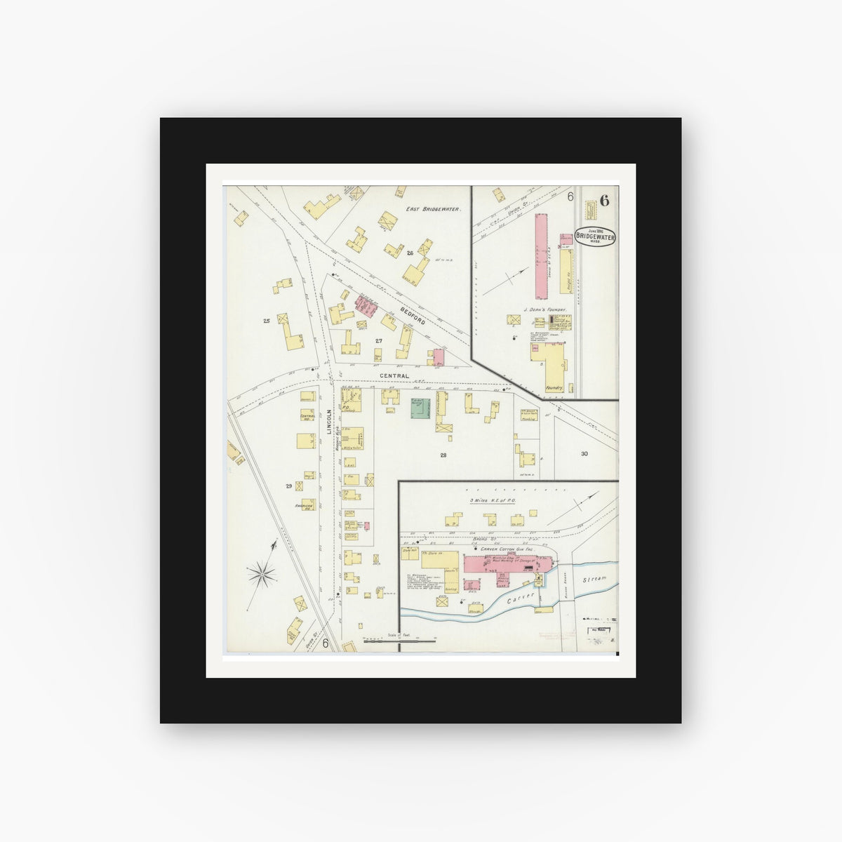 Old map wall art mockup — black gallery frame with white mat — Sanborn Fire Insurance Map from Bridgewater, Plymouth County, Massachusetts (1896), Sheet #0006