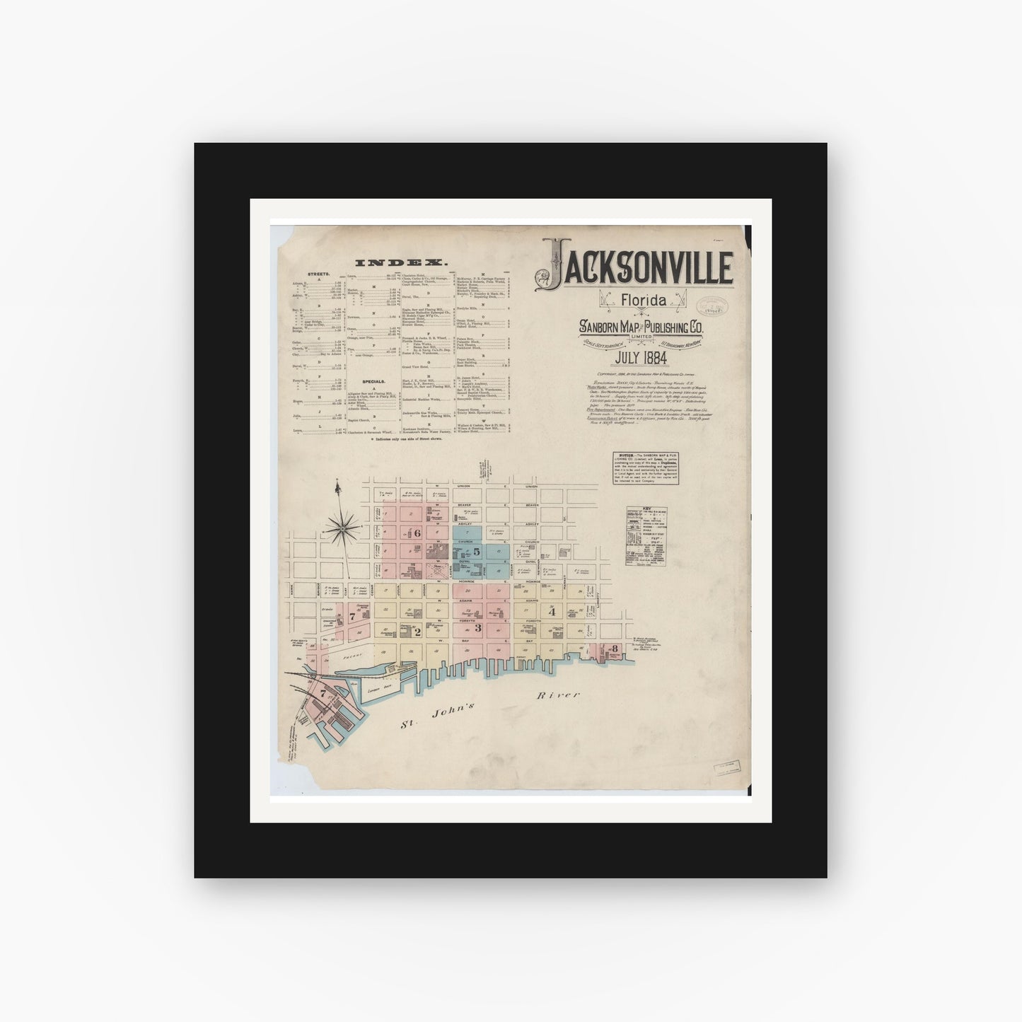 Old map wall art mockup — black gallery frame with white mat — Sanborn Fire Insurance Map from Jacksonville, Duval County, Florida (1884), Sheet #0001