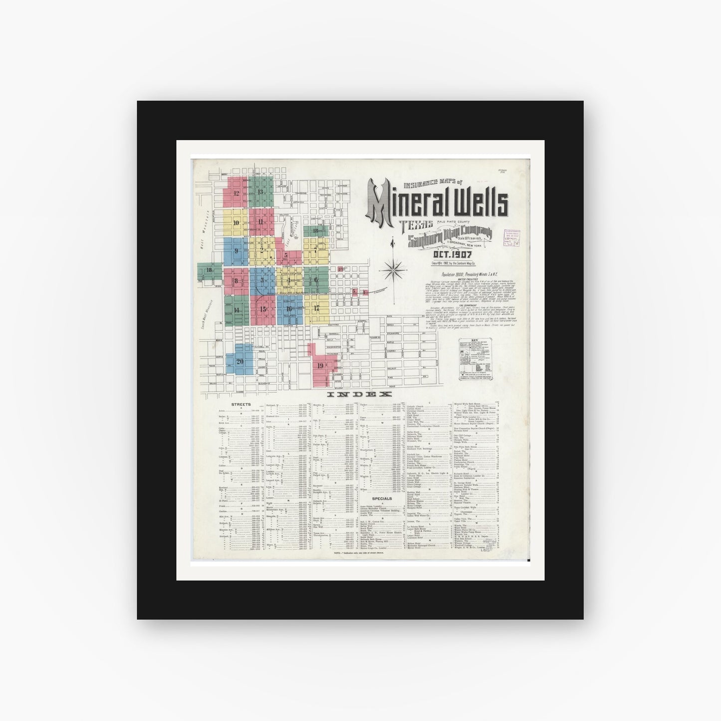 Old map wall art mockup — black gallery frame with white mat — Sanborn Fire Insurance Map from Mineral Wells, Palo Pinto County, Texas (1907), Sheet #0001