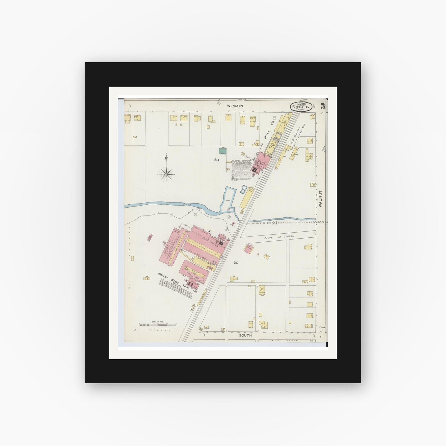 Old map wall art mockup — black gallery frame with white mat — Sanborn Fire Insurance Map from Shelby, Richland County, Ohio (1893), Sheet #0005