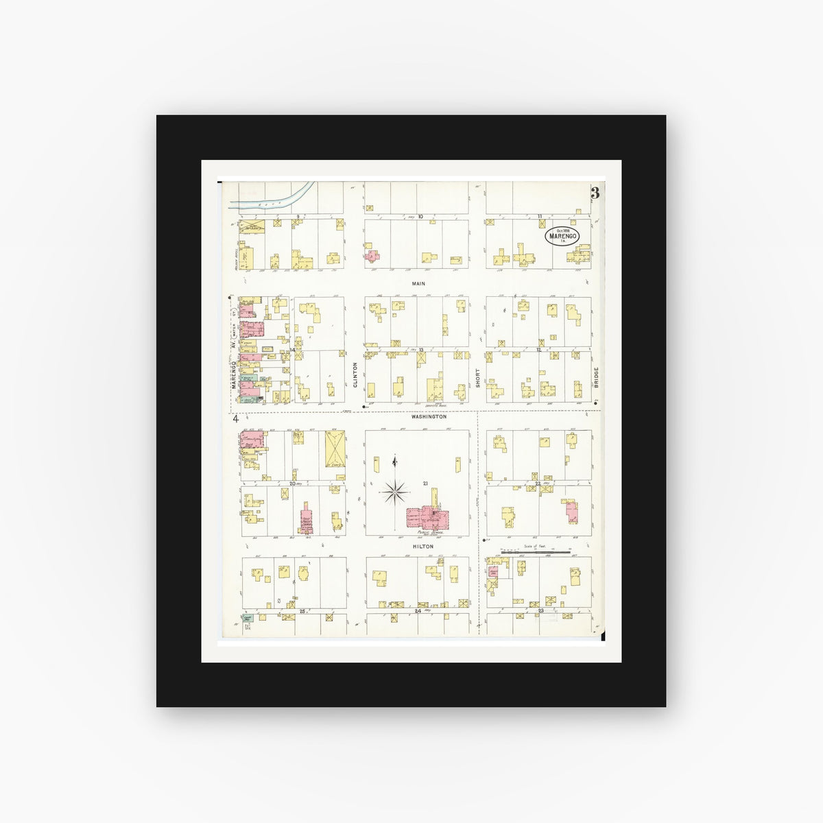 Old map wall art mockup — black gallery frame with white mat — Sanborn Fire Insurance Map from Marengo, Iowa County, Iowa (1898), Sheet #0003