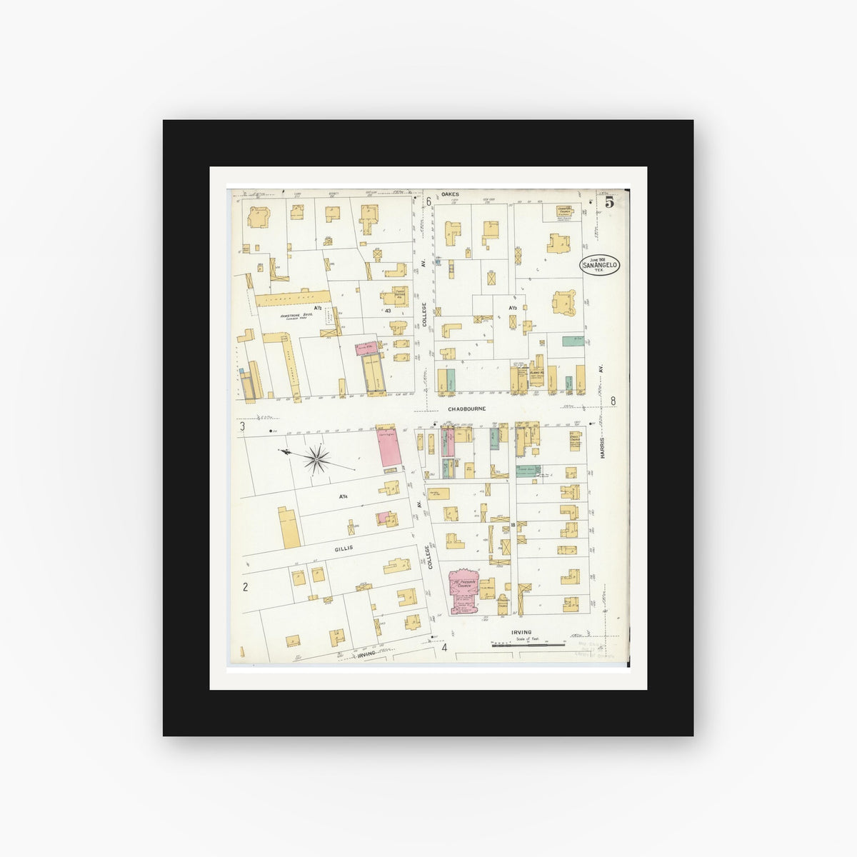 Old map wall art mockup — black gallery frame with white mat — Sanborn Fire Insurance Map from San Angelo, Tom Green County, Texas (1908), Sheet #0005