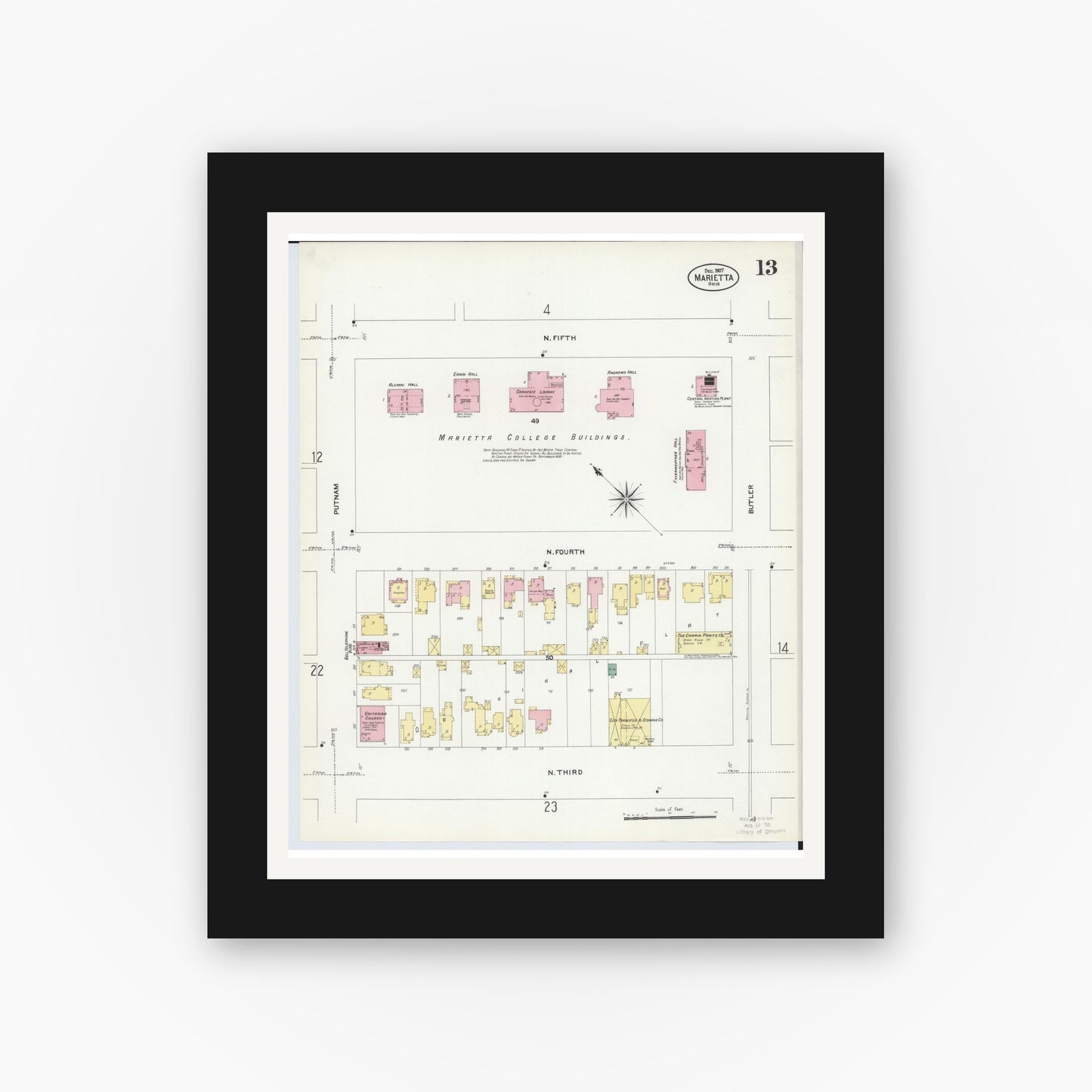 Old map wall art mockup — black gallery frame with white mat — Sanborn Fire Insurance Map from Marietta, Washington County, Ohio (1907), Sheet #0013
