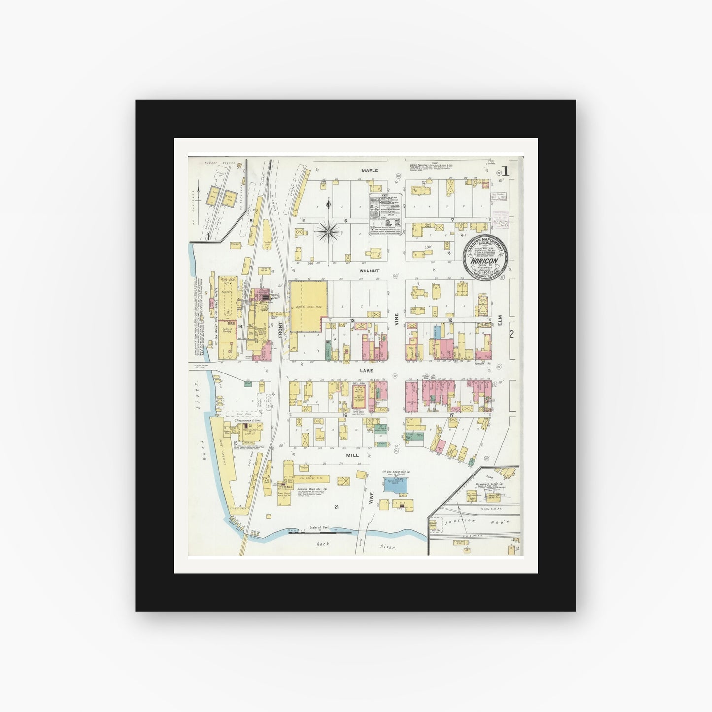 Old map wall art mockup — black gallery frame with white mat — Sanborn Fire Insurance Map from Horicon, Dodge County, Wisconsin (1904) - Complete Map Set