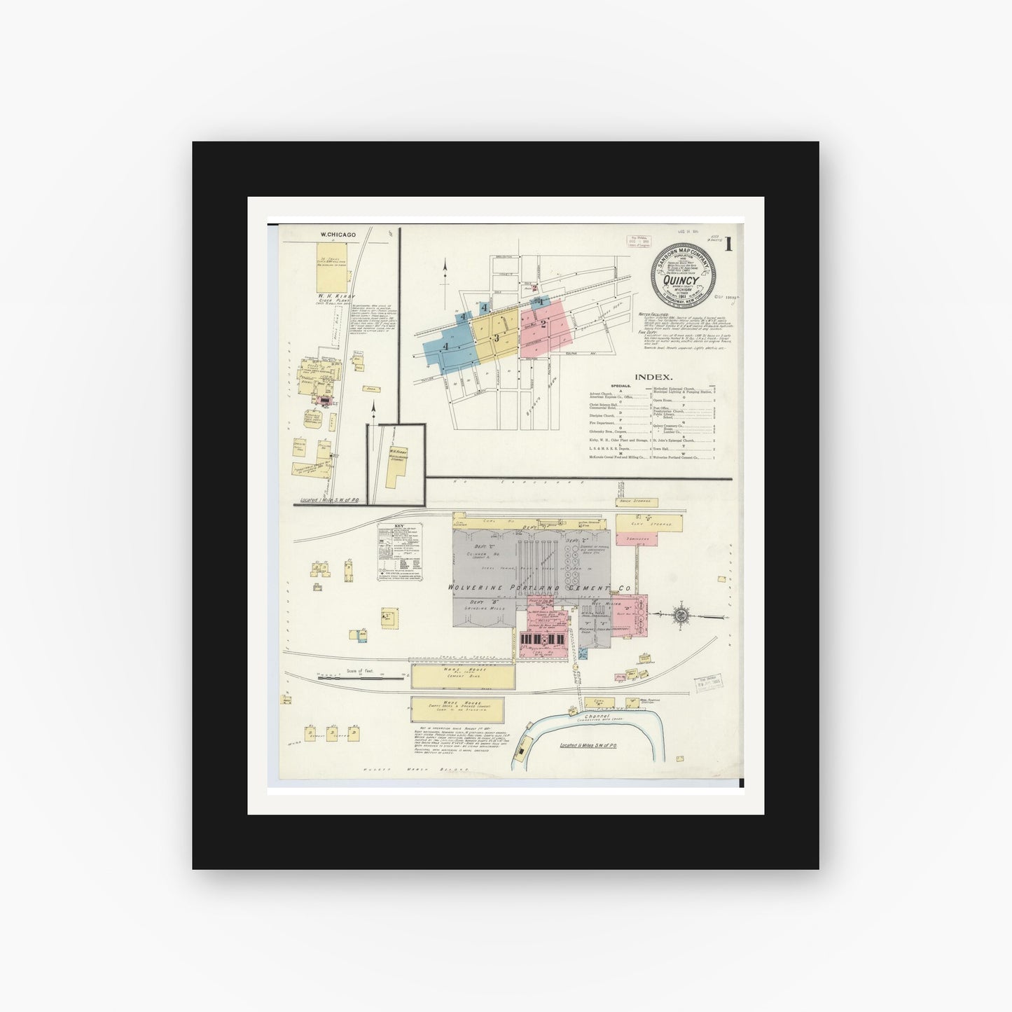 Old map wall art mockup — black gallery frame with white mat — Sanborn Fire Insurance Map from Quincy, Branch County, Michigan (1911) - Complete Map Set
