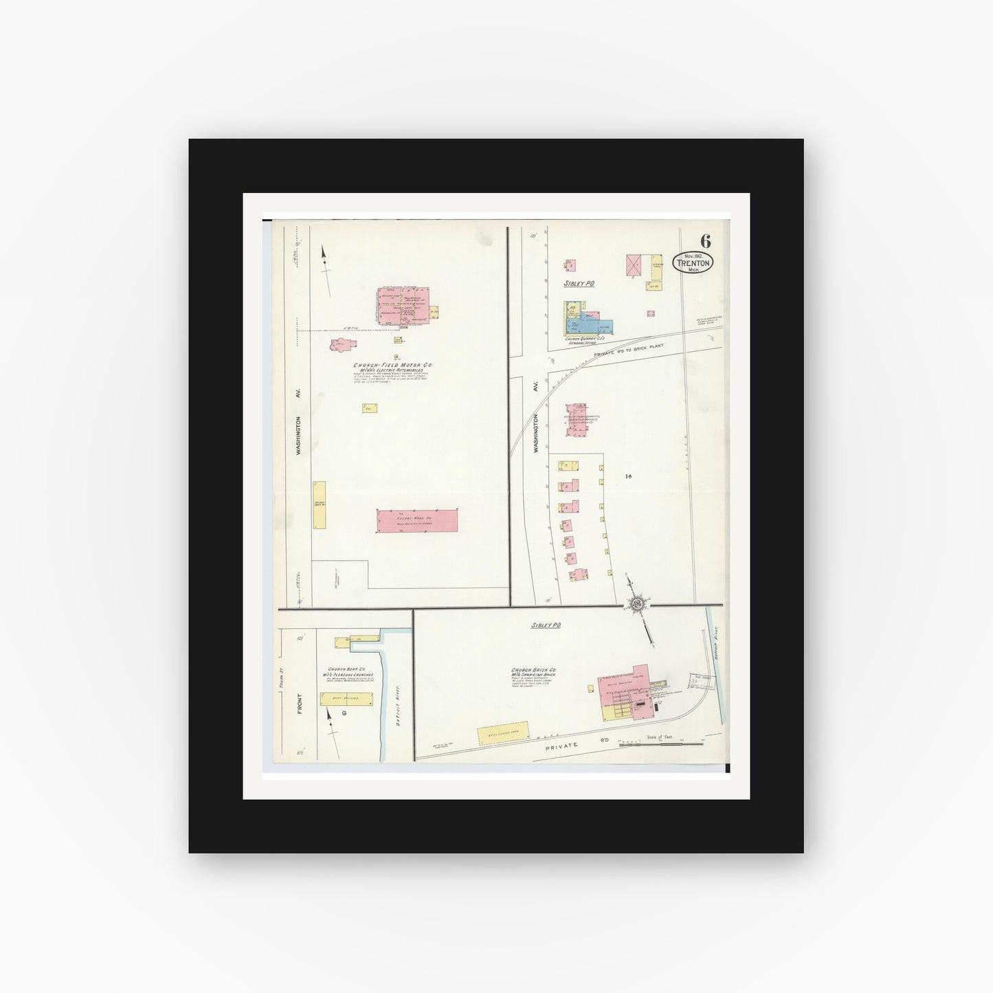 Old map wall art mockup — black gallery frame with white mat — Sanborn Fire Insurance Map from Trenton, Wayne County, Michigan (1912), Sheet #0006