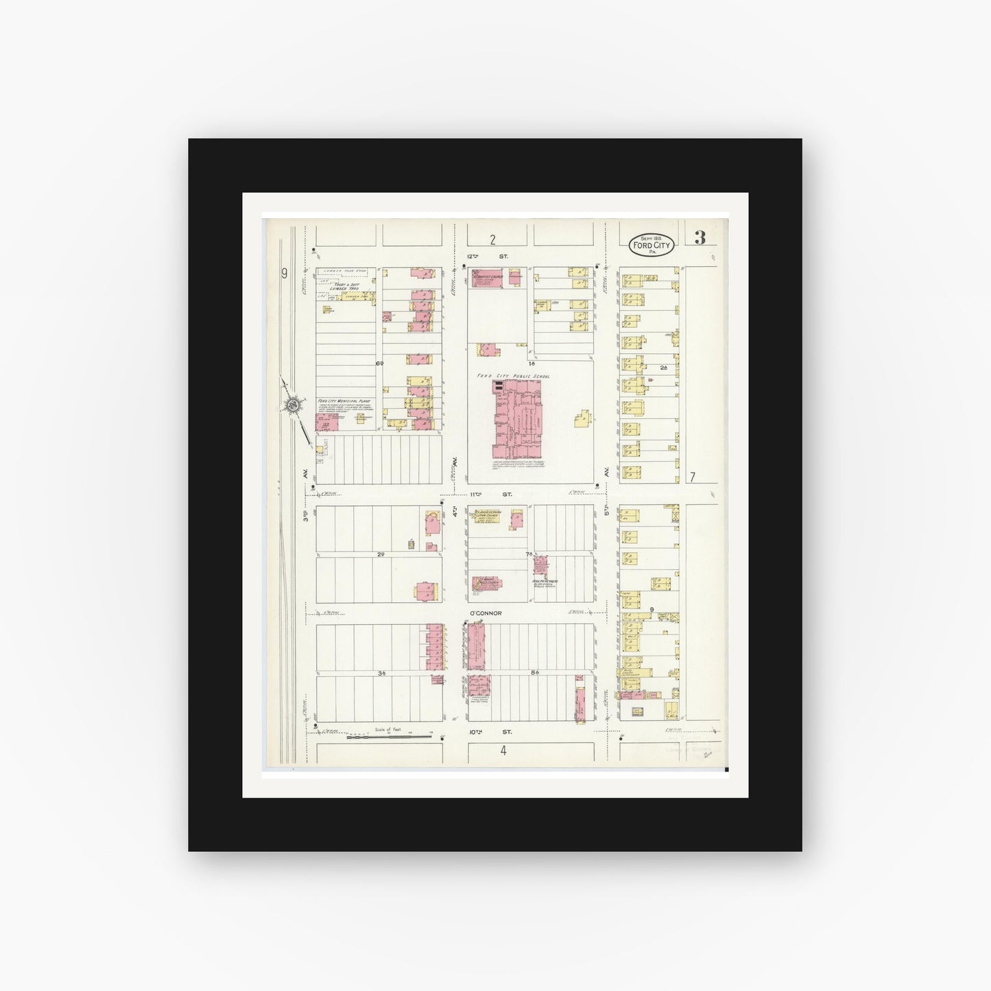 Old map wall art mockup — black gallery frame with white mat — Sanborn Fire Insurance Map from Ford City, Armstrong County, Pennsylvania (1913), Sheet #0003