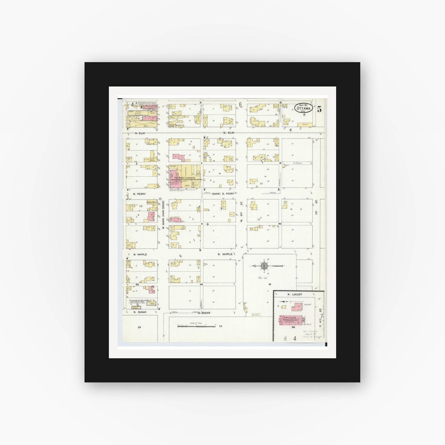 Old map wall art mockup — black gallery frame with white mat — Sanborn Fire Insurance Map from Ottawa, Putnam County, Ohio (1911), Sheet #0005