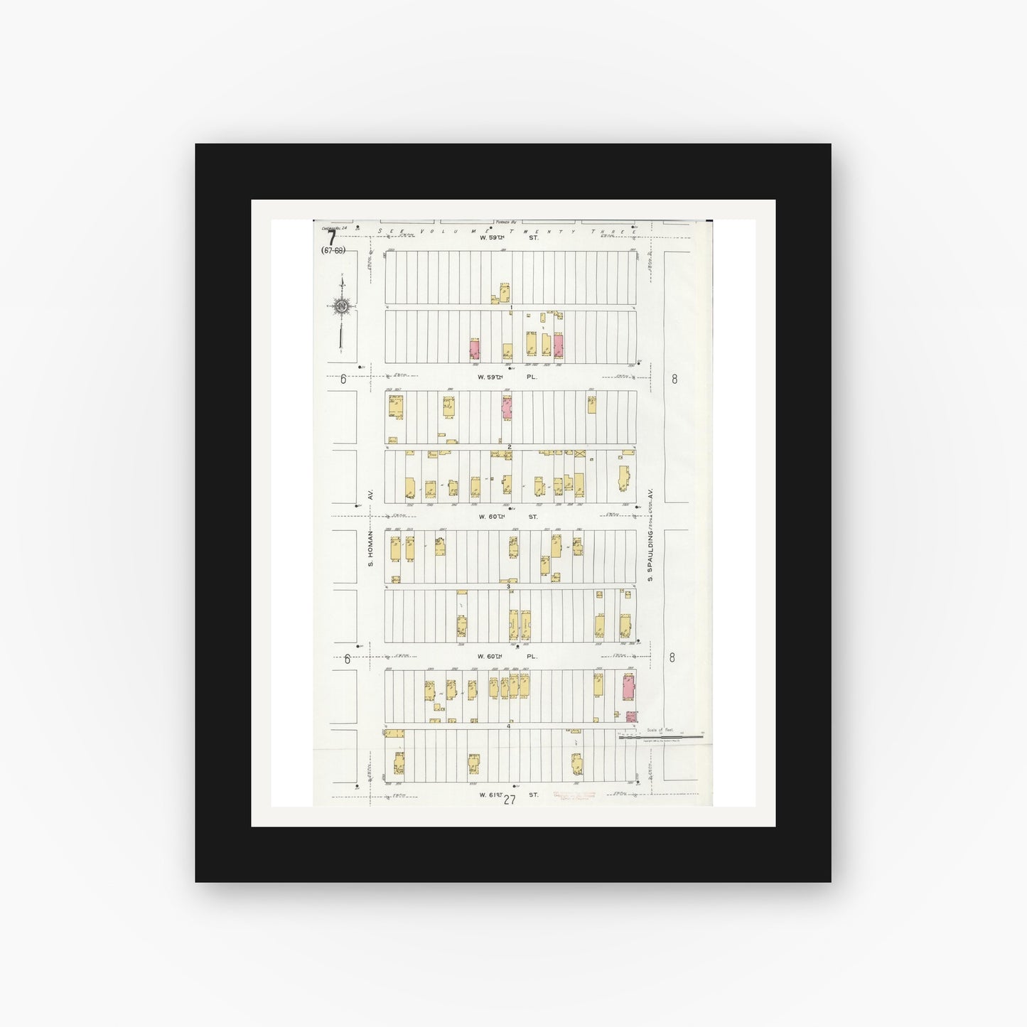 Old map wall art mockup — black gallery frame with white mat — Sanborn Fire Insurance Map from Chicago, Cook County, Illinois (1920), Sheet #0007