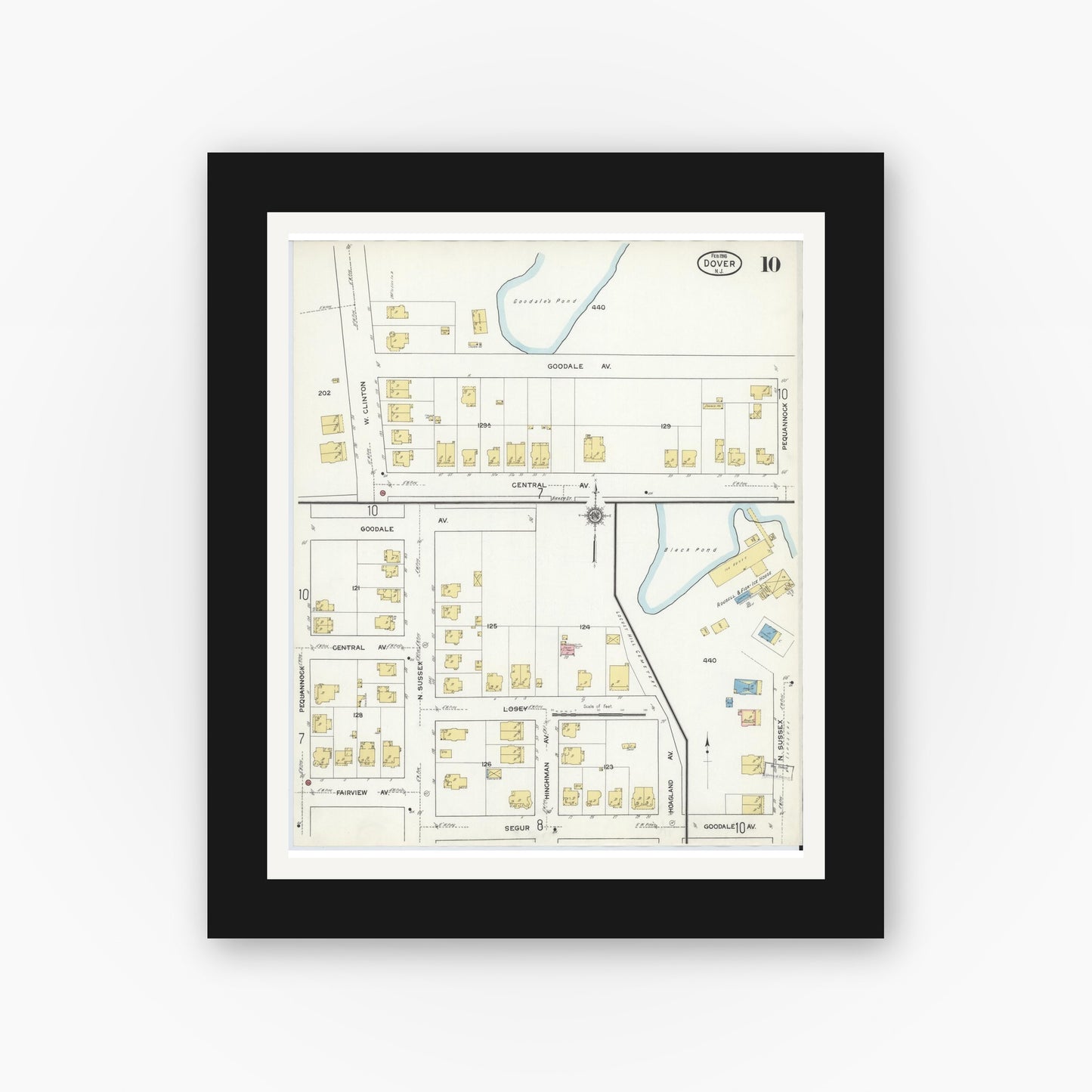 Old map wall art mockup — black gallery frame with white mat — Sanborn Fire Insurance Map from Dover, Morris County, New Jersey (1916), Sheet #0010