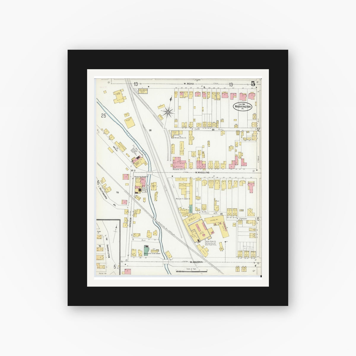 Old map wall art mockup — black gallery frame with white mat — Sanborn Fire Insurance Map from Washington, Washington County, Pennsylvania (1904), Sheet #0005