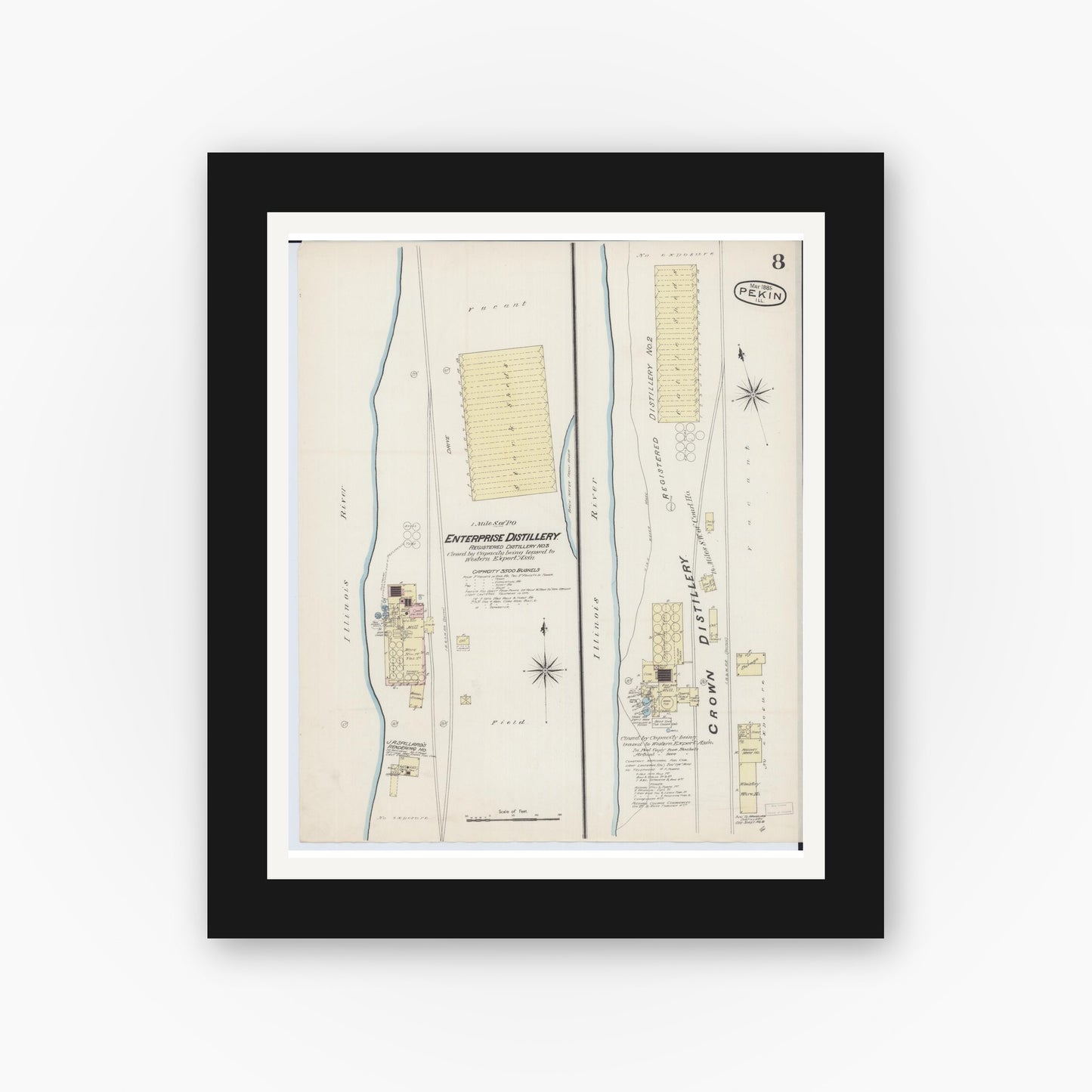 Old map wall art mockup — black gallery frame with white mat — Sanborn Fire Insurance Map from Pekin, Tazewell County, Illinois (1885), Sheet #0008