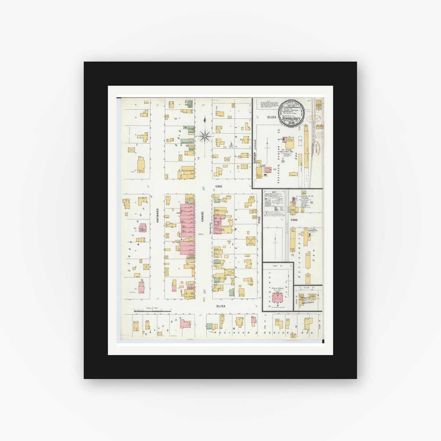 Old map wall art mockup — black gallery frame with white mat — Sanborn Fire Insurance Map from Schoolcraft, Kalamazoo County, Michigan (1899), Sheet #0001