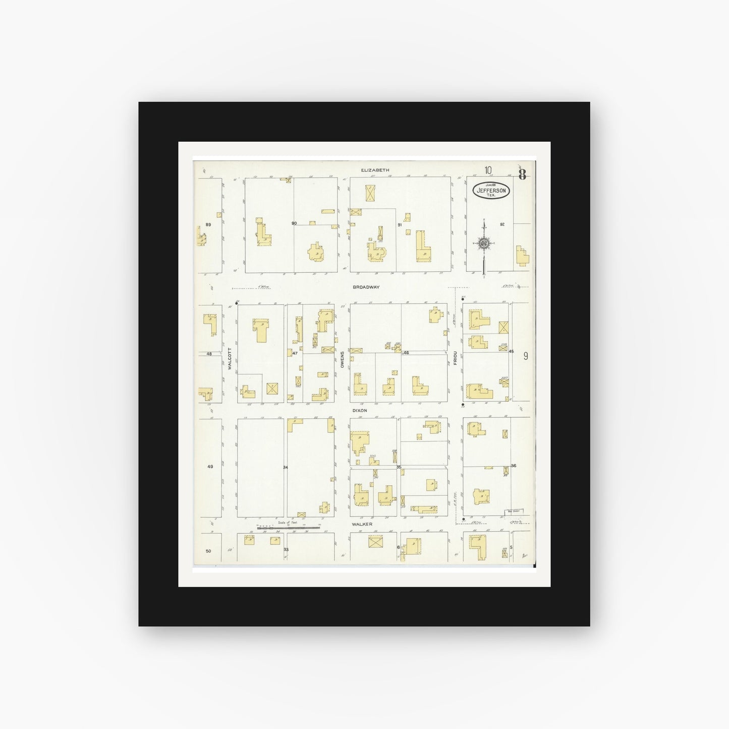 Old map wall art mockup — black gallery frame with white mat — Sanborn Fire Insurance Map from Jefferson, Marion County, Texas (1911), Sheet #0008