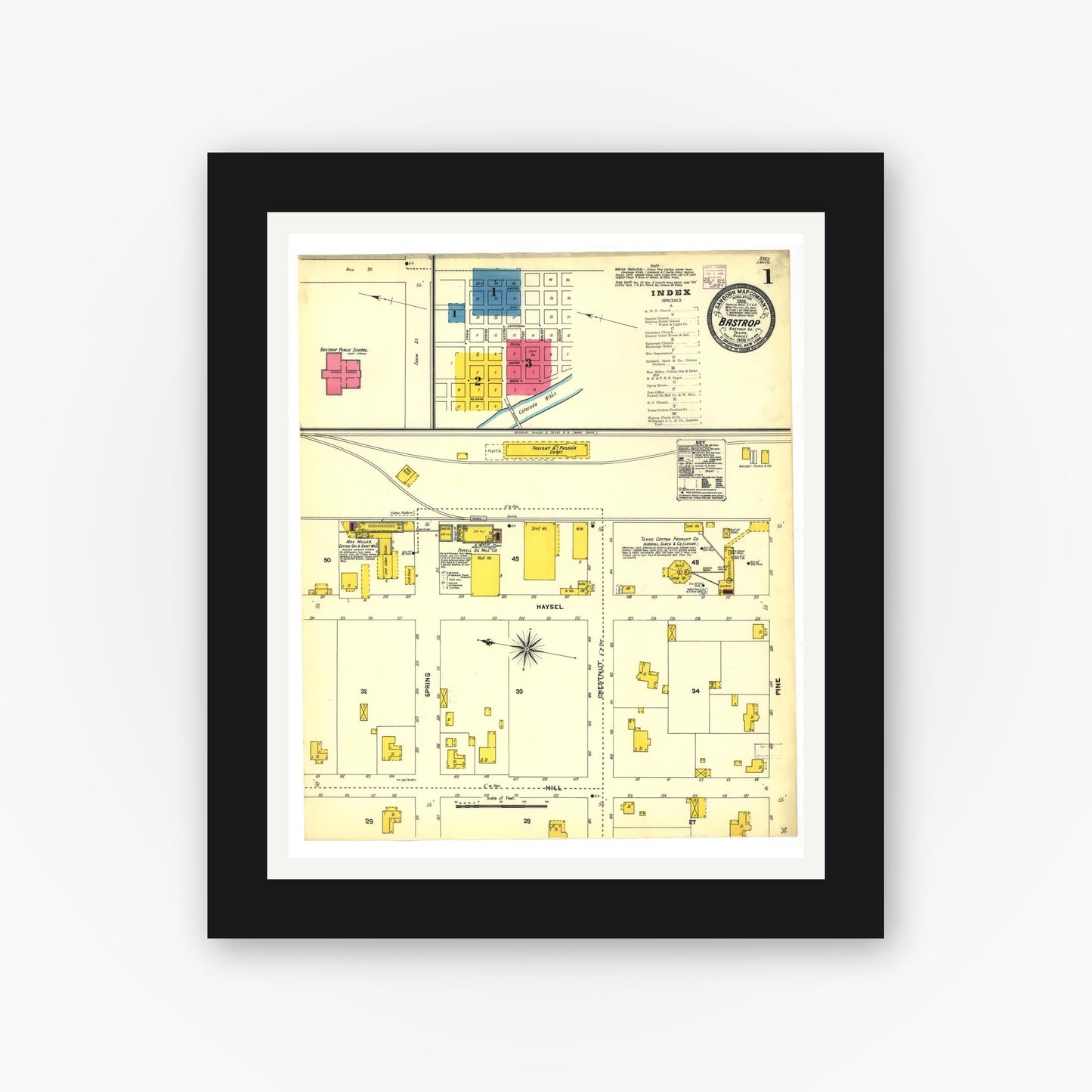 Old map wall art mockup — black gallery frame with white mat — Sanborn Fire Insurance Map from Bastrop, Bastrop County, Texas (1906), Sheet #0001