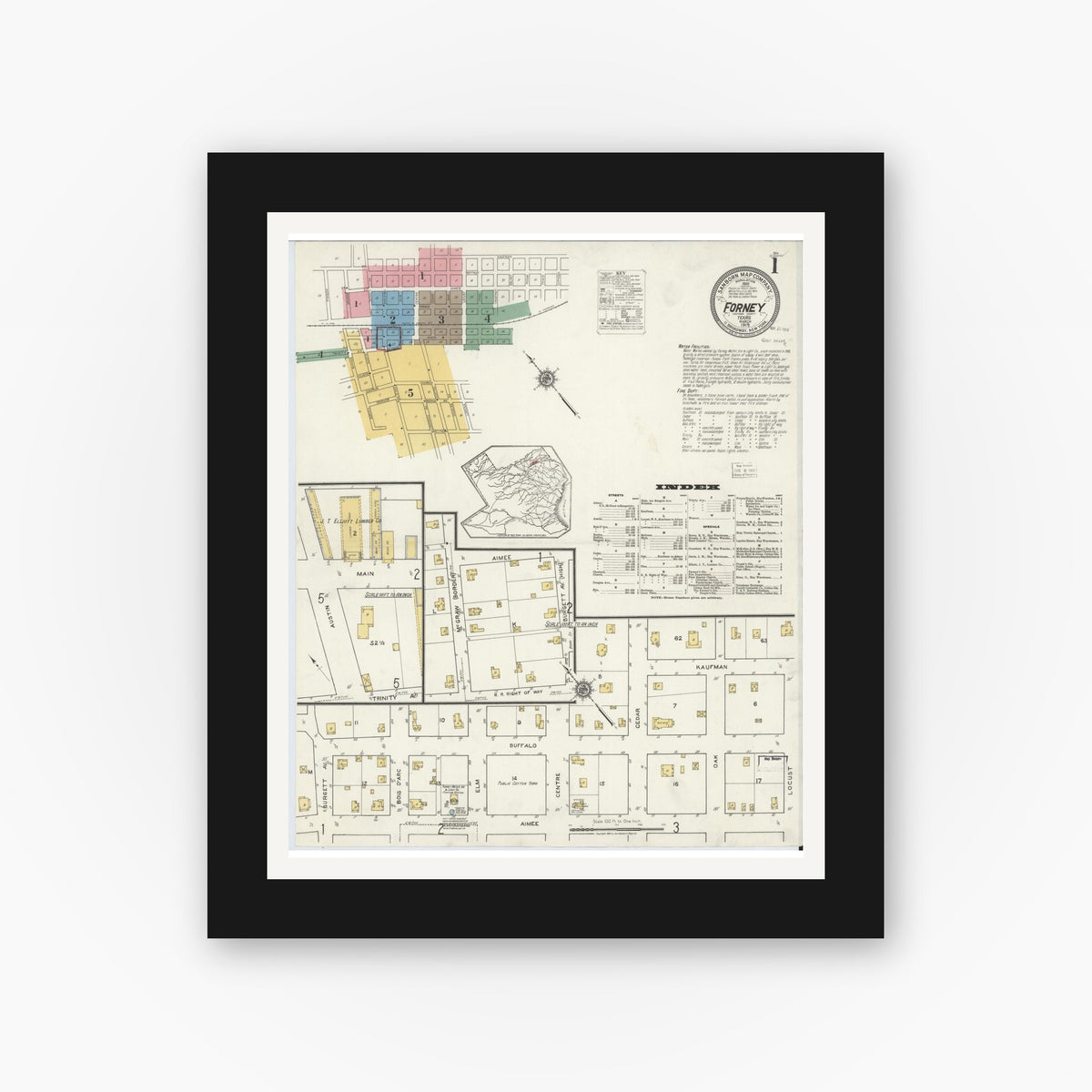 Old map wall art mockup — black gallery frame with white mat — Sanborn Fire Insurance Map from Forney, Kaufman County, Texas (1919), Sheet #0001