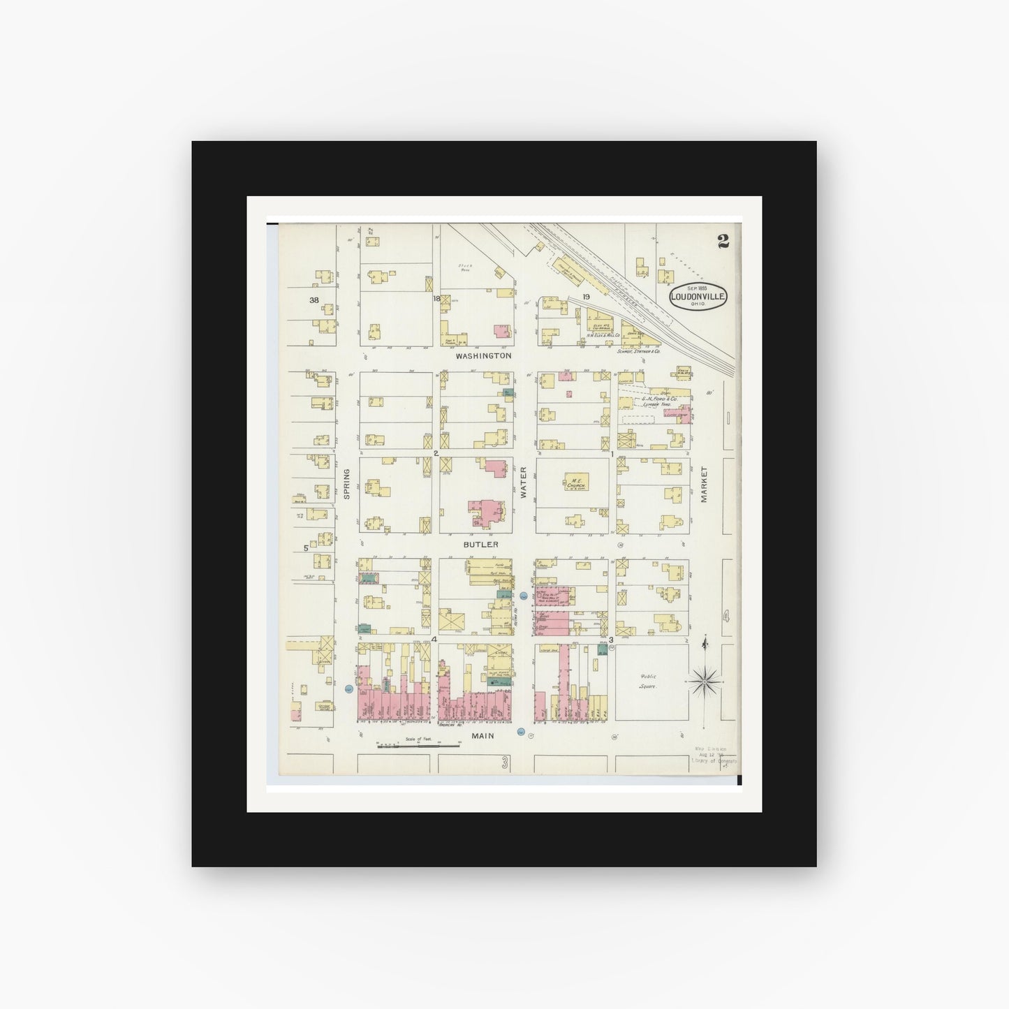 Old map wall art mockup — black gallery frame with white mat — Sanborn Fire Insurance Map from Loudonville, Ashland County, Ohio (1893), Sheet #0002