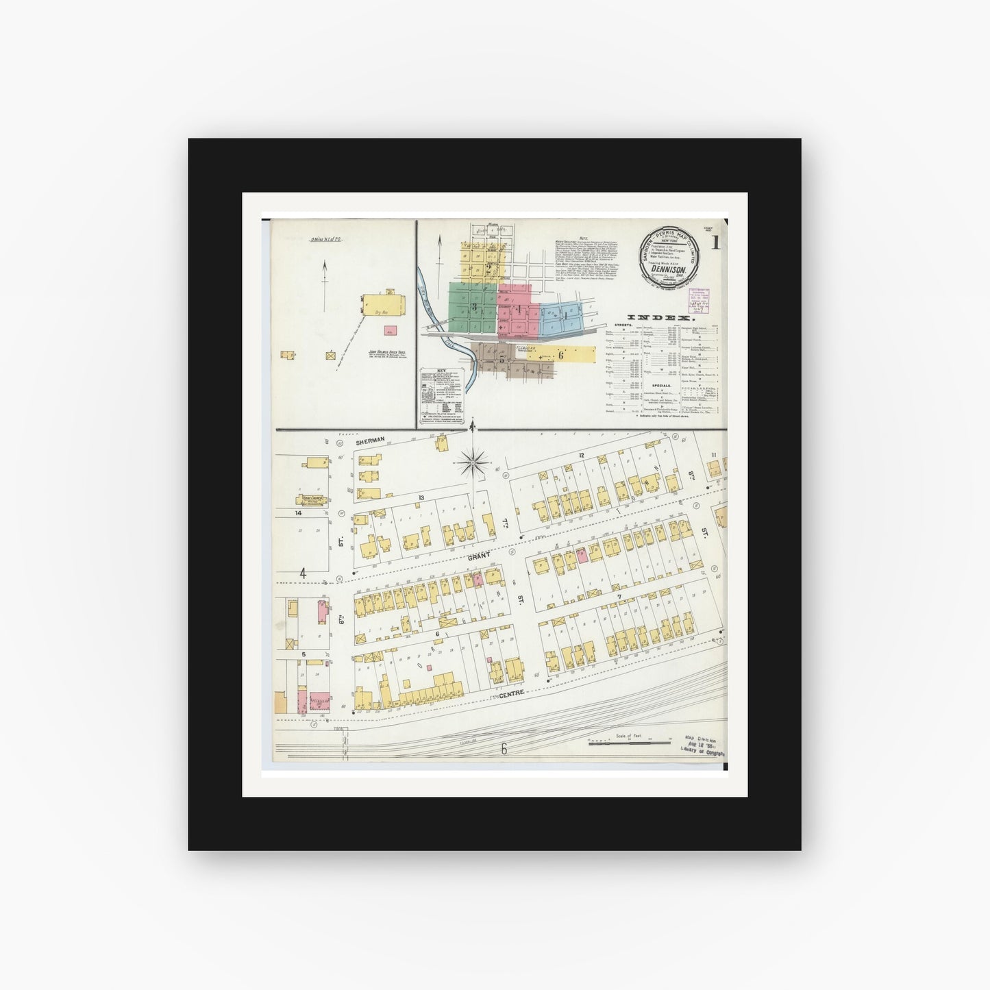 Old map wall art mockup — black gallery frame with white mat — Sanborn Fire Insurance Map from Dennison, Tuscarawas County, Ohio (1901), Sheet #0001