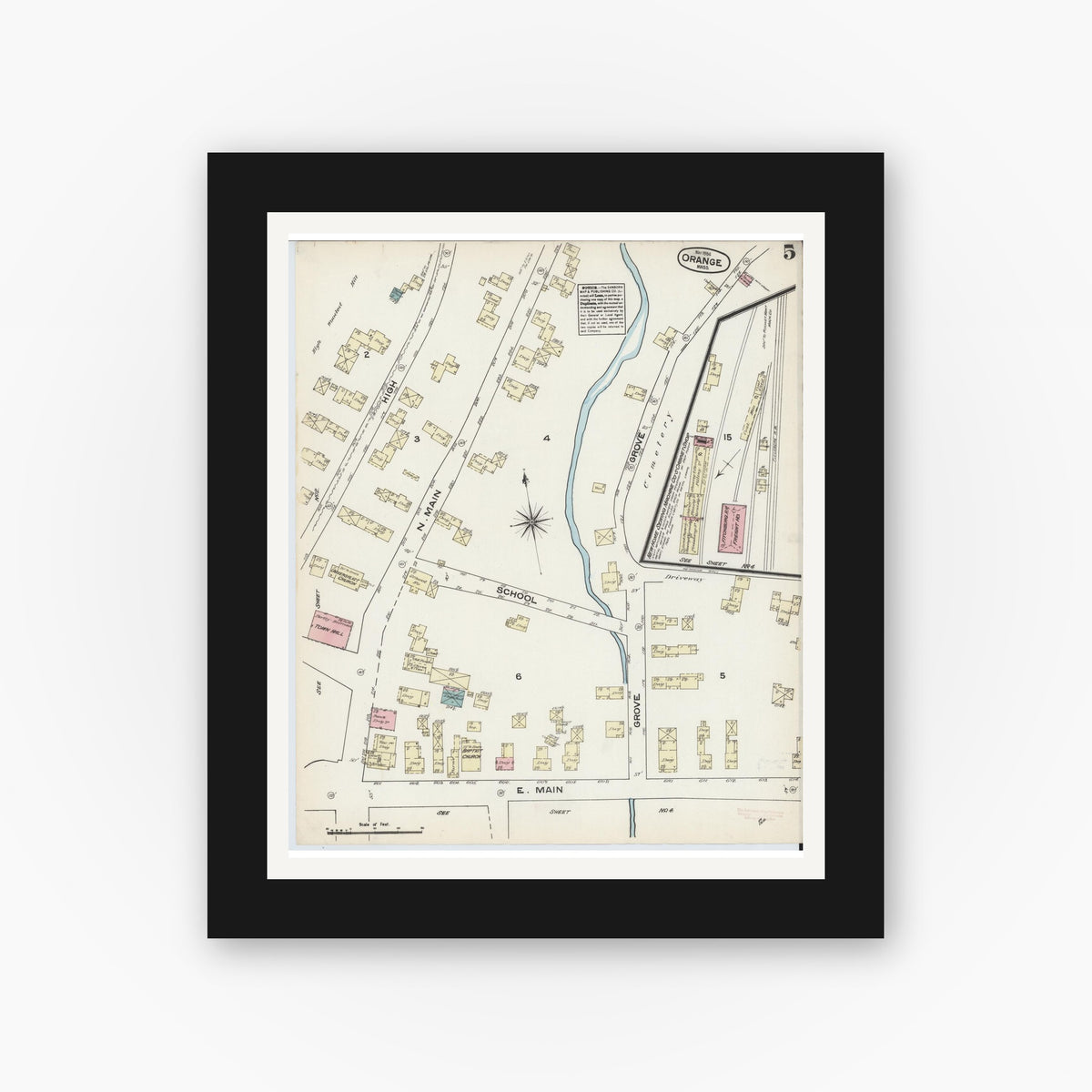 Old map wall art mockup — black gallery frame with white mat — Sanborn Fire Insurance Map from Orange, Franklin County, Massachusetts (1884), Sheet #0005