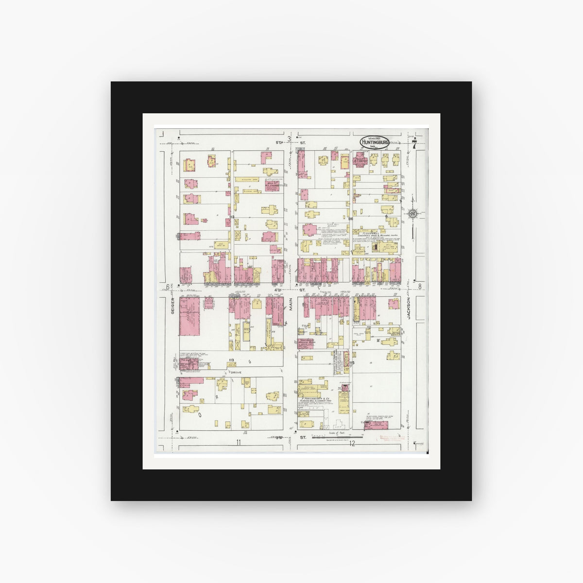 Old map wall art mockup — black gallery frame with white mat — Sanborn Fire Insurance Map from Huntingburg, Dubois County, Indiana (1921), Sheet #0007