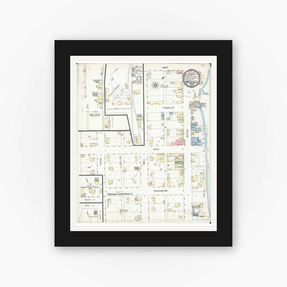 Old map wall art mockup — black gallery frame with white mat — Sanborn Fire Insurance Map from Alden, Hardin County, Iowa (1896), Sheet #0001