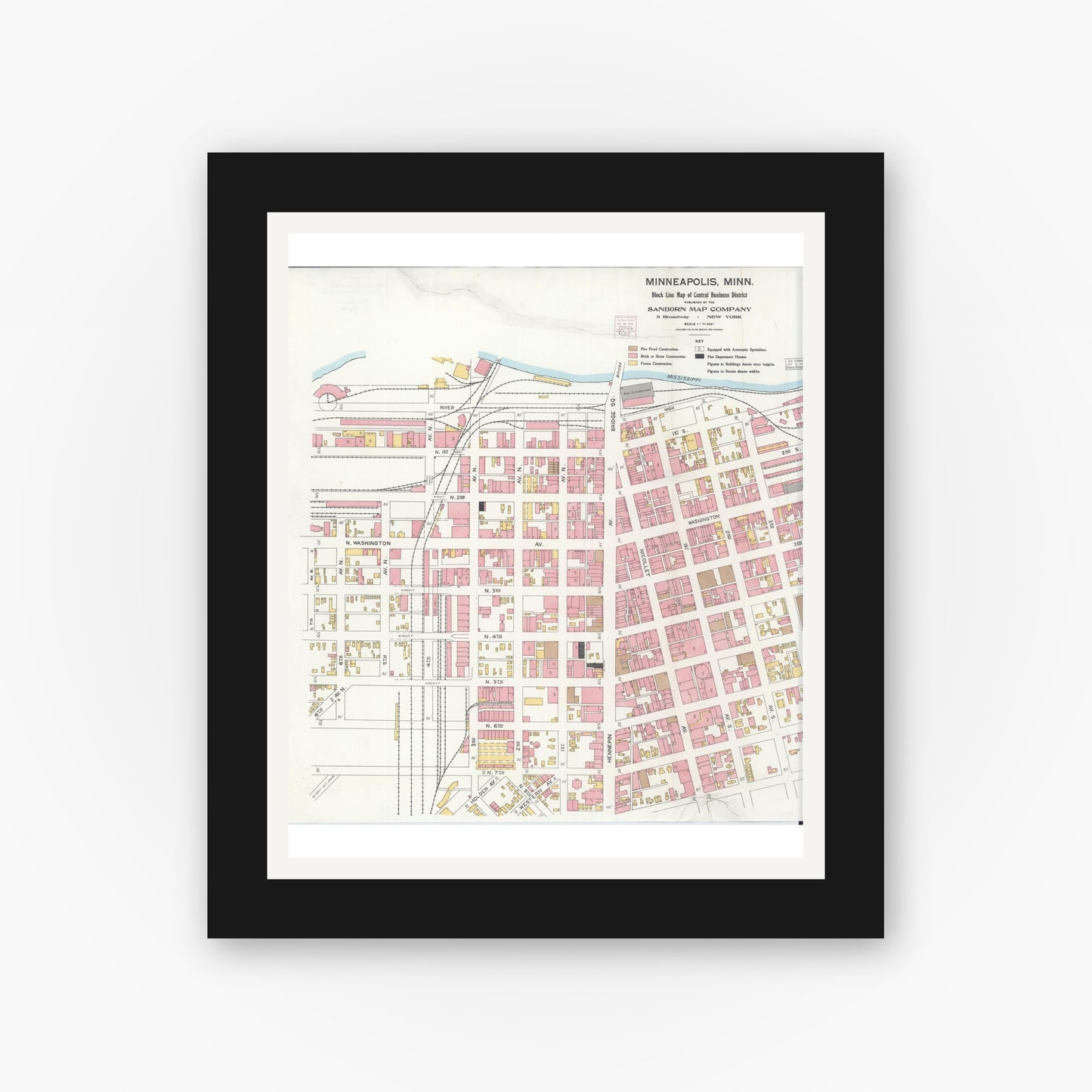 Old map wall art mockup — black gallery frame with white mat — Sanborn Fire Insurance Map from Minneapolis, Hennepin County, Minnesota (1904), Sheet #0001