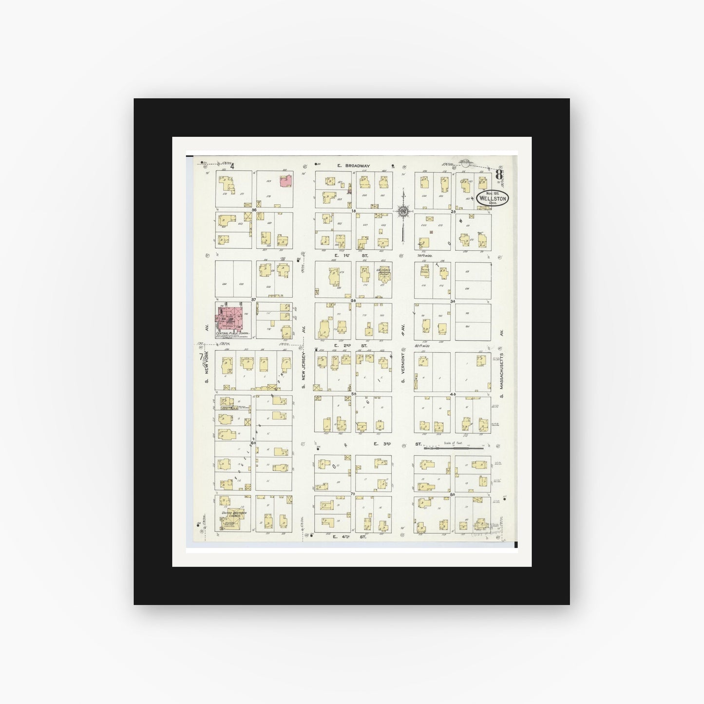 Old map wall art mockup — black gallery frame with white mat — Sanborn Fire Insurance Map from Wellston, Jackson County, Ohio (1911), Sheet #0008