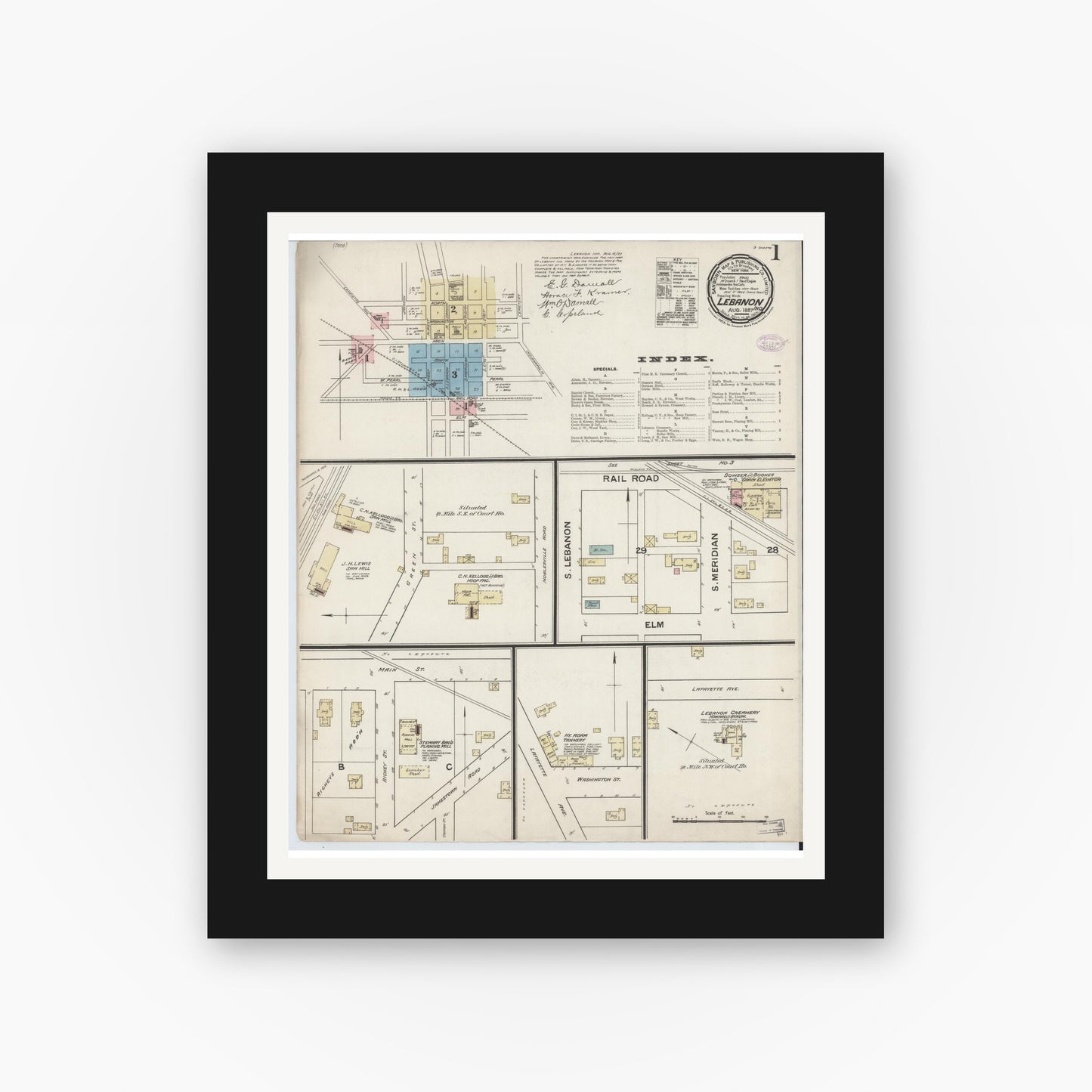 Old map wall art mockup — black gallery frame with white mat — Sanborn Fire Insurance Map from Lebanon, Boone County, Indiana (1887) - Complete Map Set