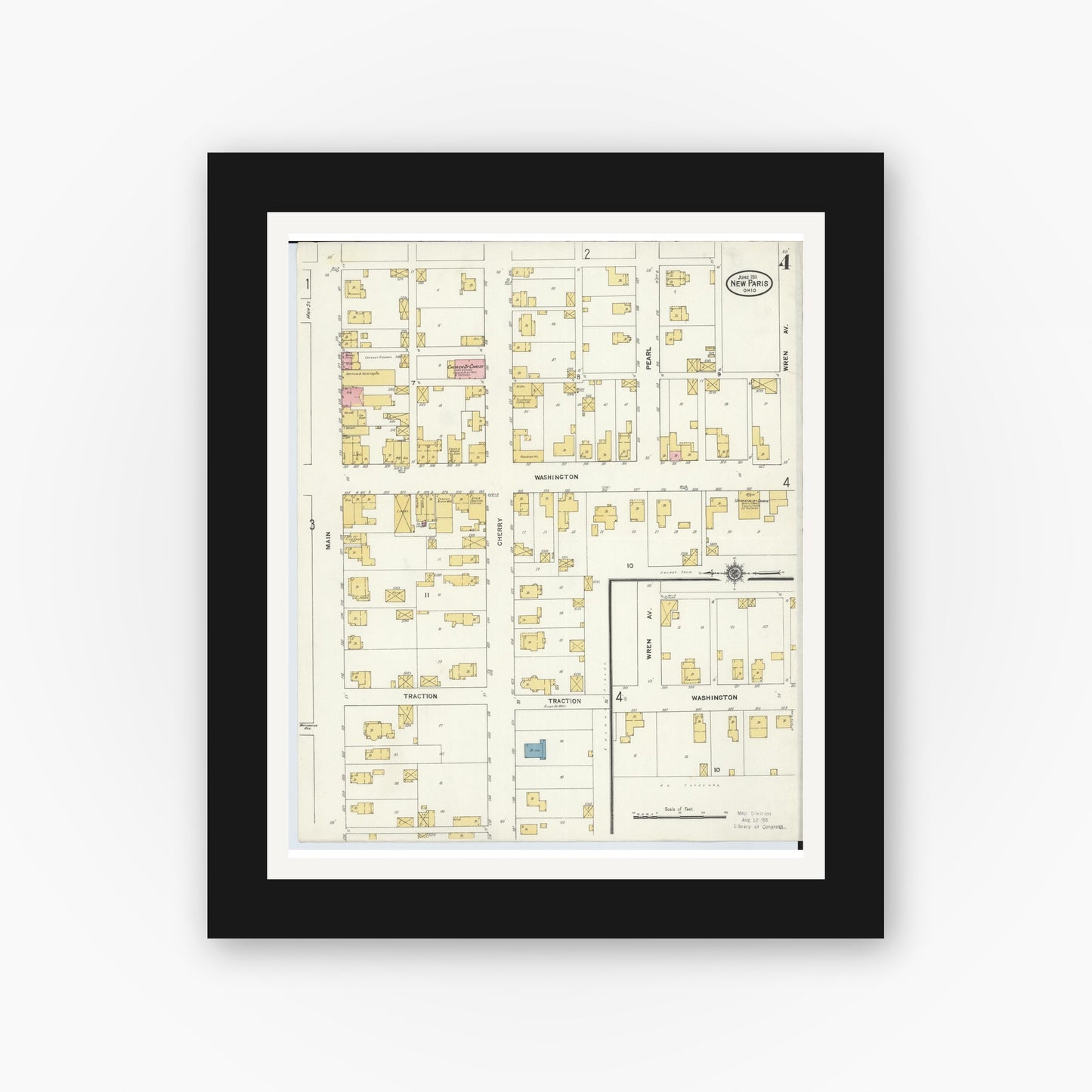 Old map wall art mockup — black gallery frame with white mat — Sanborn Fire Insurance Map from New Paris, Preble County, Ohio (1911), Sheet #0004