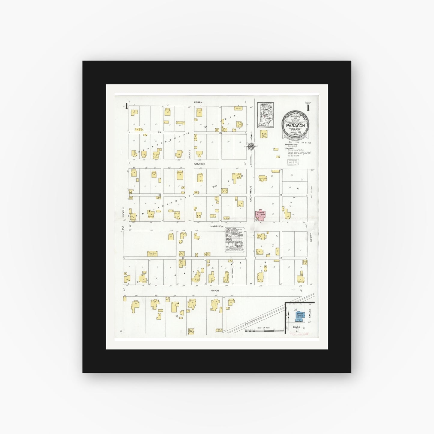 Old map wall art mockup — black gallery frame with white mat — Sanborn Fire Insurance Map from Paragon, Morgan County, Indiana (1929) - Complete Map Set
