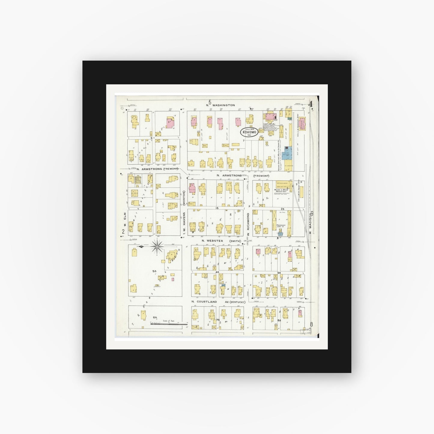 Old map wall art mockup — black gallery frame with white mat — Sanborn Fire Insurance Map from Kokomo, Howard County, Indiana (1909), Sheet #0004