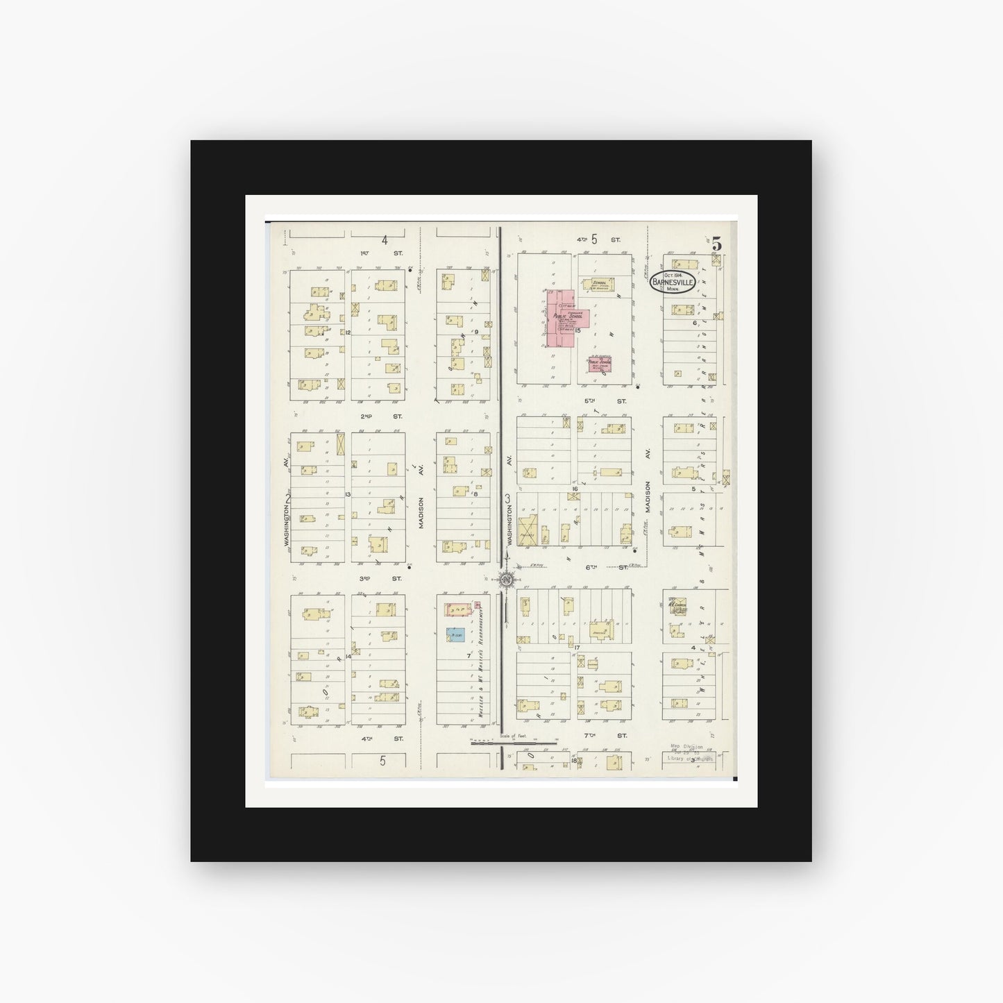Old map wall art mockup — black gallery frame with white mat — Sanborn Fire Insurance Map from Barnesville, Clay County, Minnesota (1914), Sheet #0005