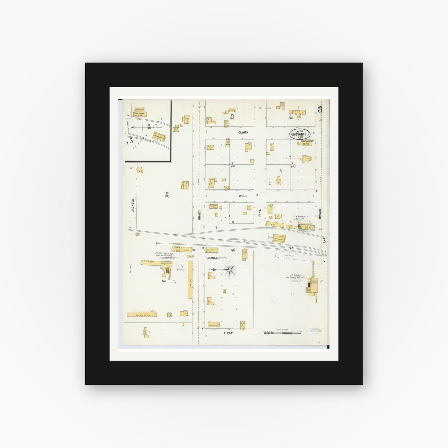 Old map wall art mockup — black gallery frame with white mat — Sanborn Fire Insurance Map from Chesaning, Saginaw County, Michigan (1900), Sheet #0003