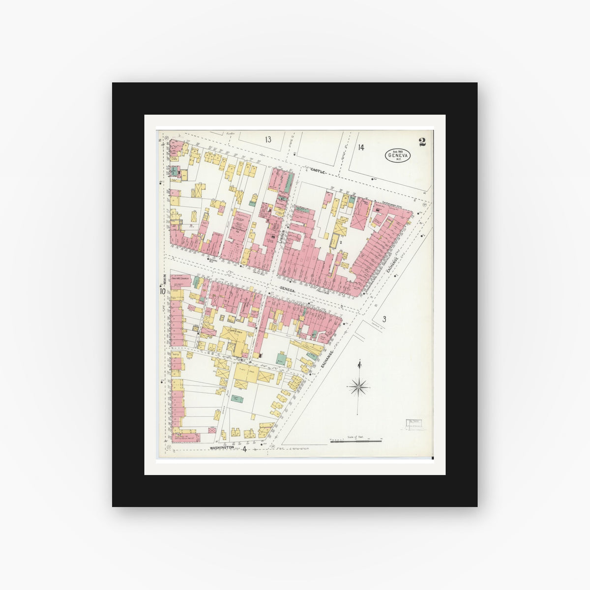 Old map wall art mockup — black gallery frame with white mat — Sanborn Fire Insurance Map from Geneva, Ontario County, New York (1903), Sheet #0002