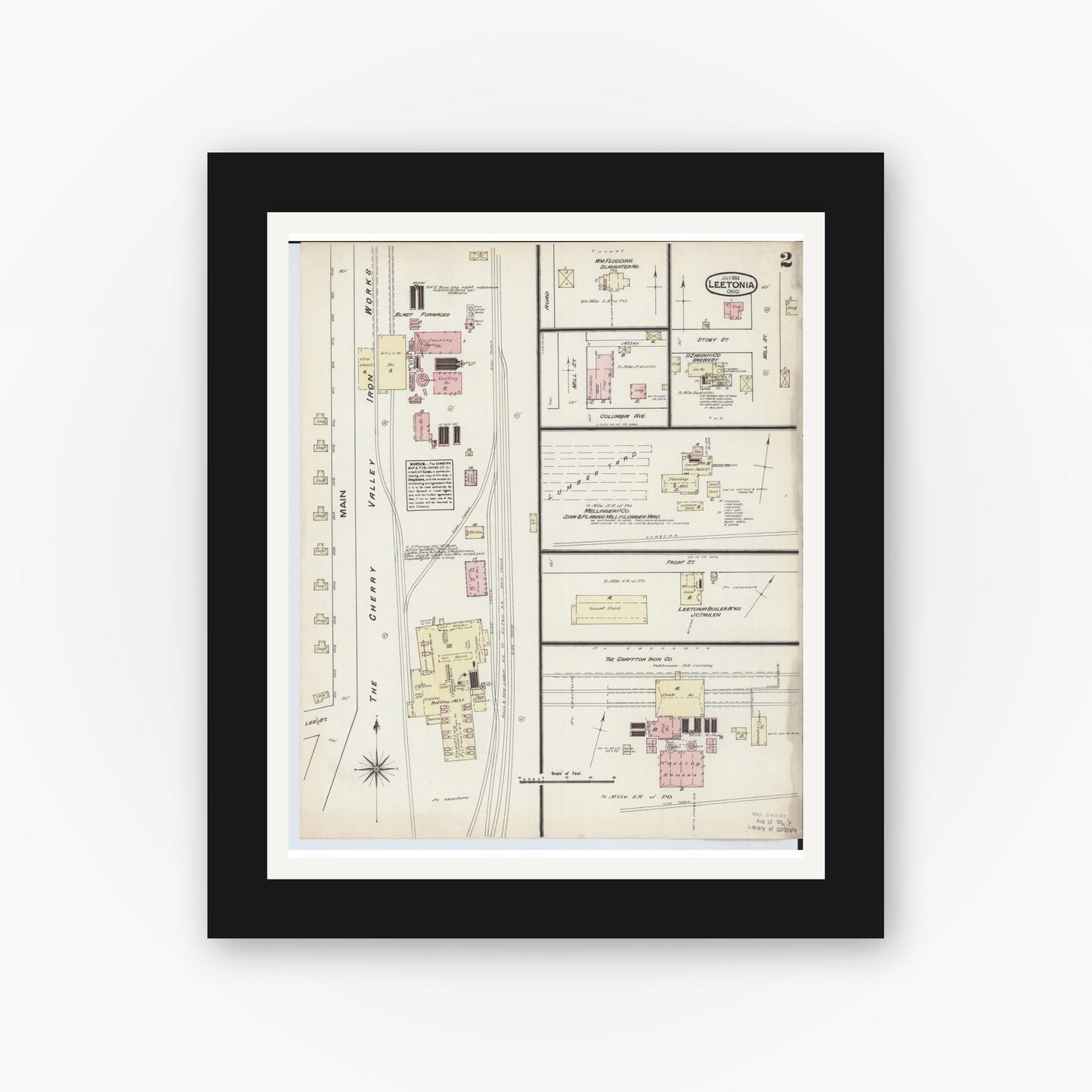 Old map wall art mockup — black gallery frame with white mat — Sanborn Fire Insurance Map from Leetonia, Columbiana County, Ohio (1884), Sheet #0002