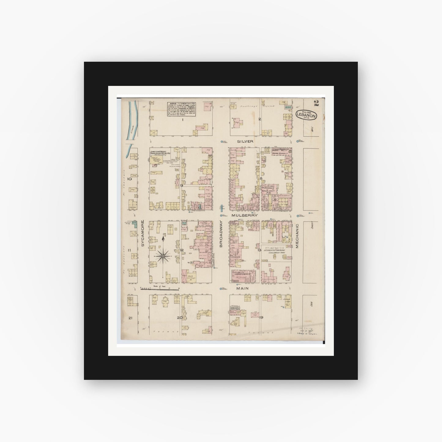 Old map wall art mockup — black gallery frame with white mat — Sanborn Fire Insurance Map from Lebanon, Warren County, Ohio (1885), Sheet #0002