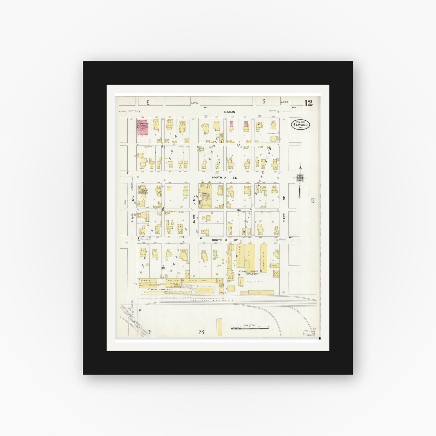 Old map wall art mockup — black gallery frame with white mat — Sanborn Fire Insurance Map from Elwood, Madison County, Indiana (1910), Sheet #0012