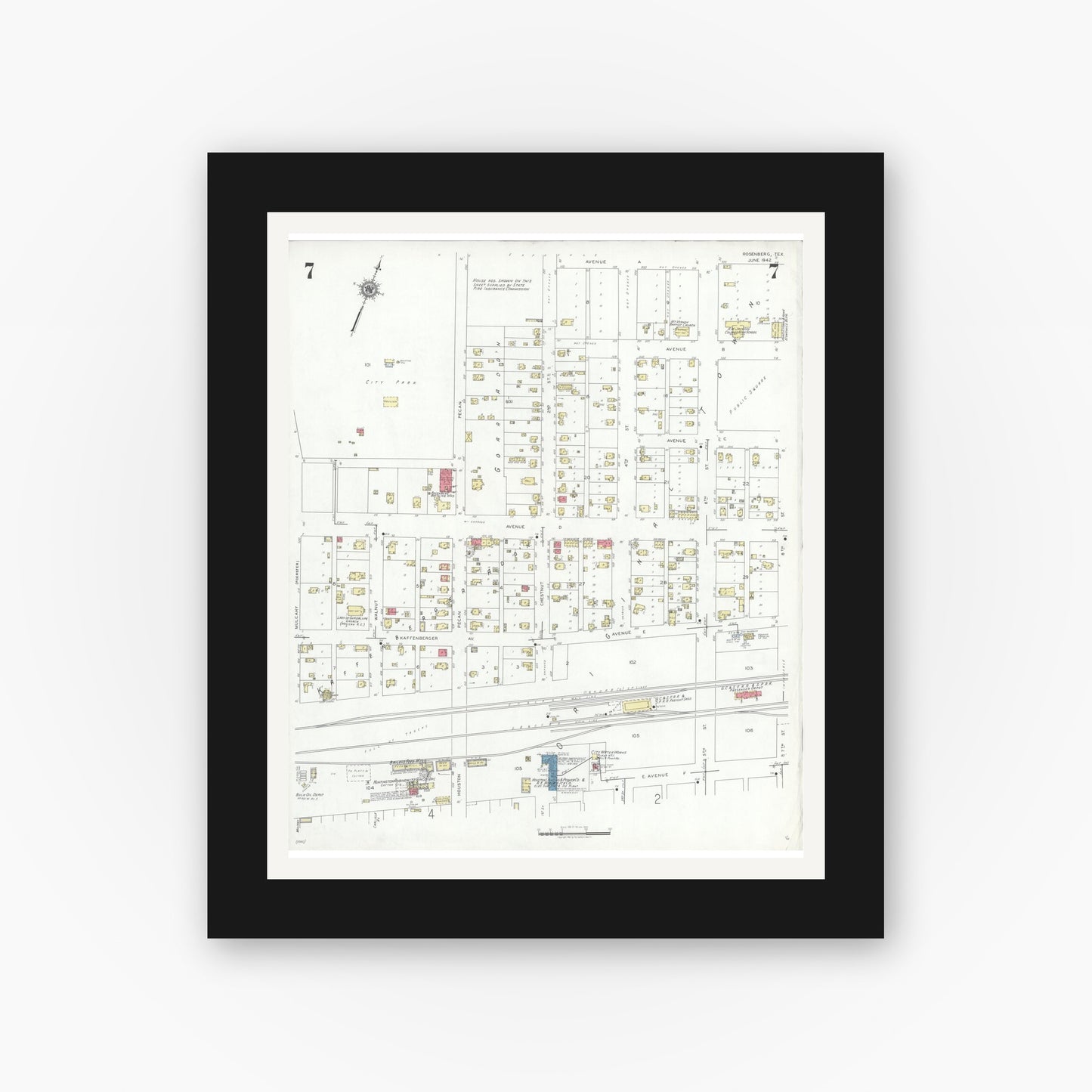 Old map wall art mockup — black gallery frame with white mat — Sanborn Fire Insurance Map from Rosenberg, Fort Bend County, Texas (1942), Sheet #0007