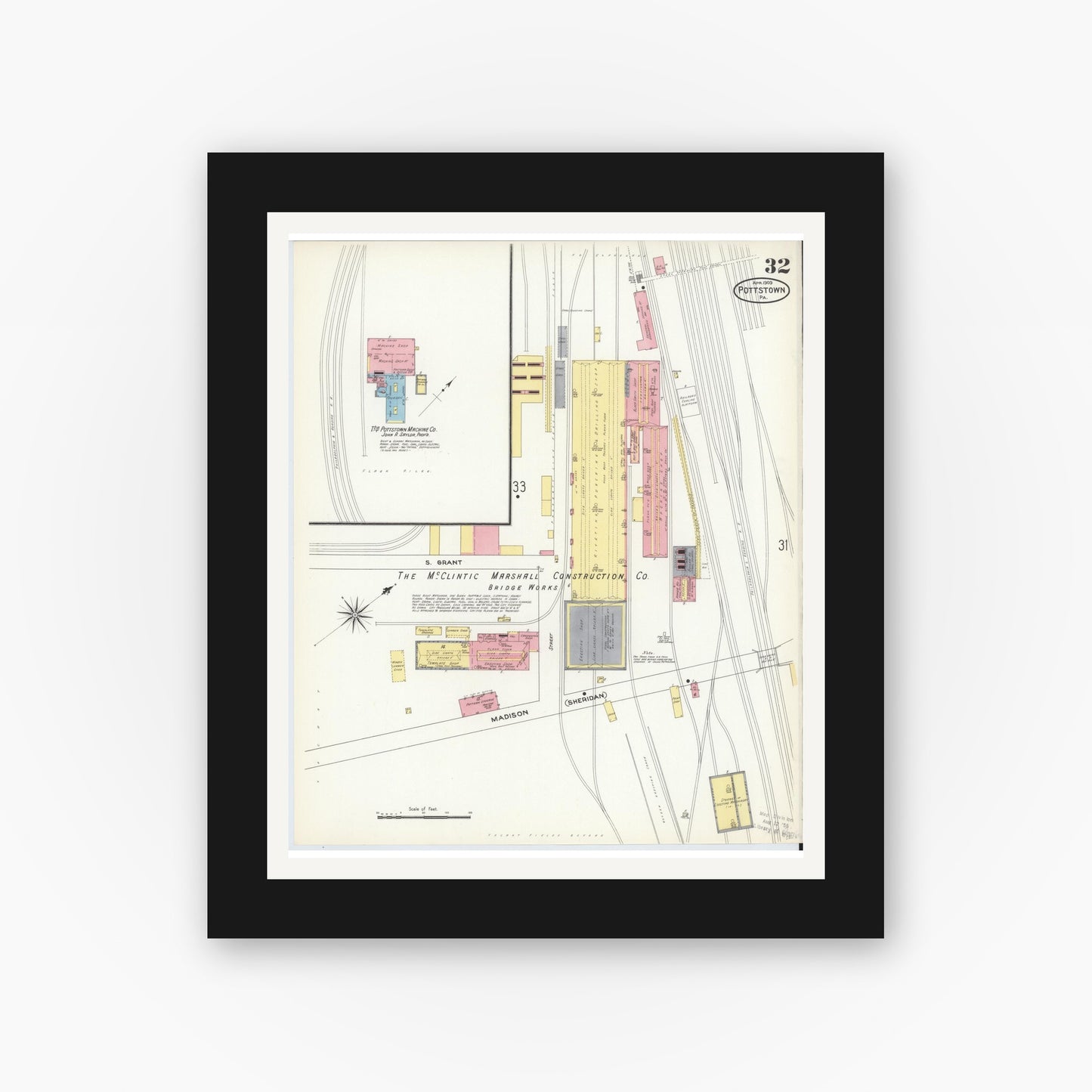 Old map wall art mockup — black gallery frame with white mat — Sanborn Fire Insurance Map from Pottstown, Montgomery County, Pennsylvania (1909), Sheet #0032