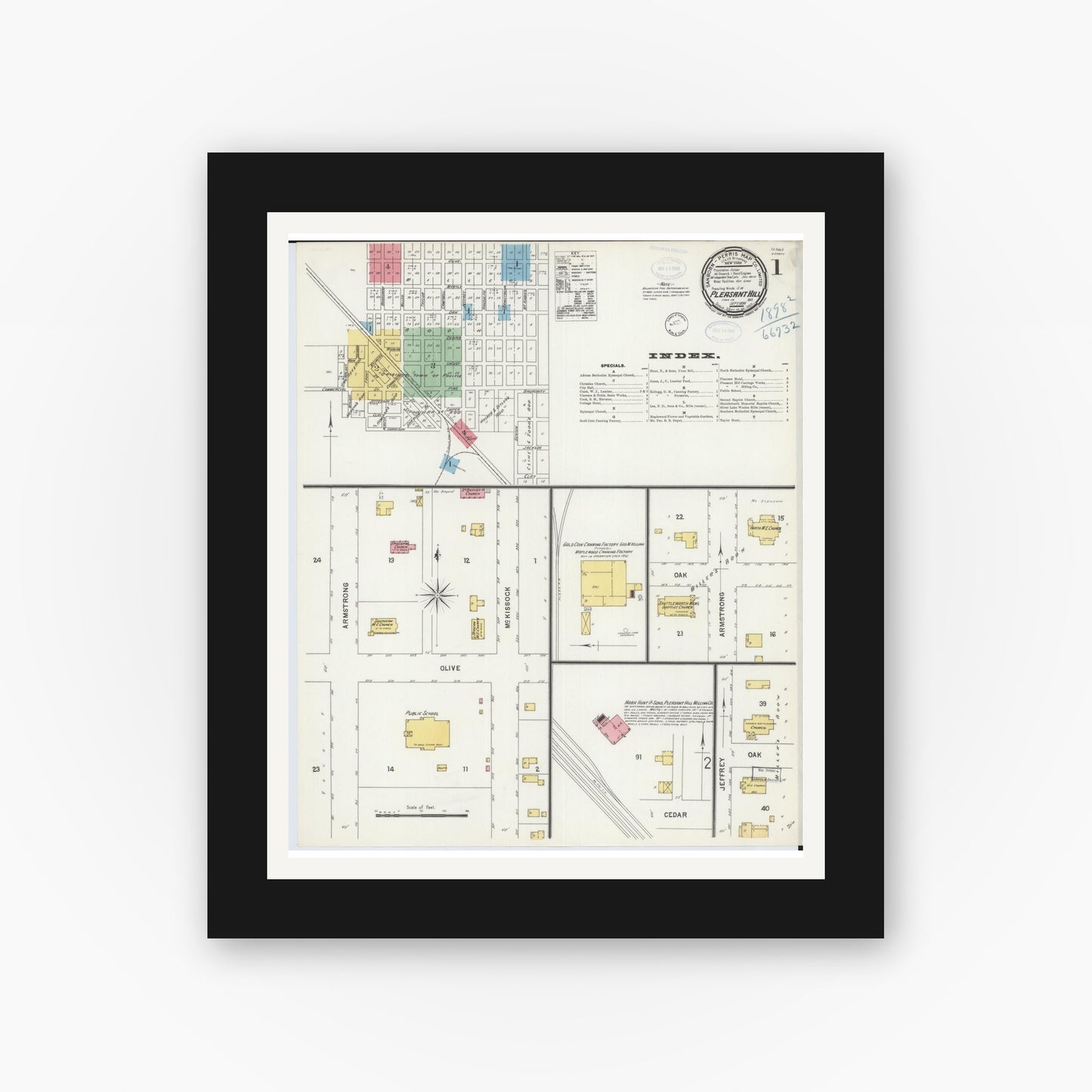 Old map wall art mockup — black gallery frame with white mat — Sanborn Fire Insurance Map from Pleasant Hill, Cass County, Missouri (1898) - Complete Map Set