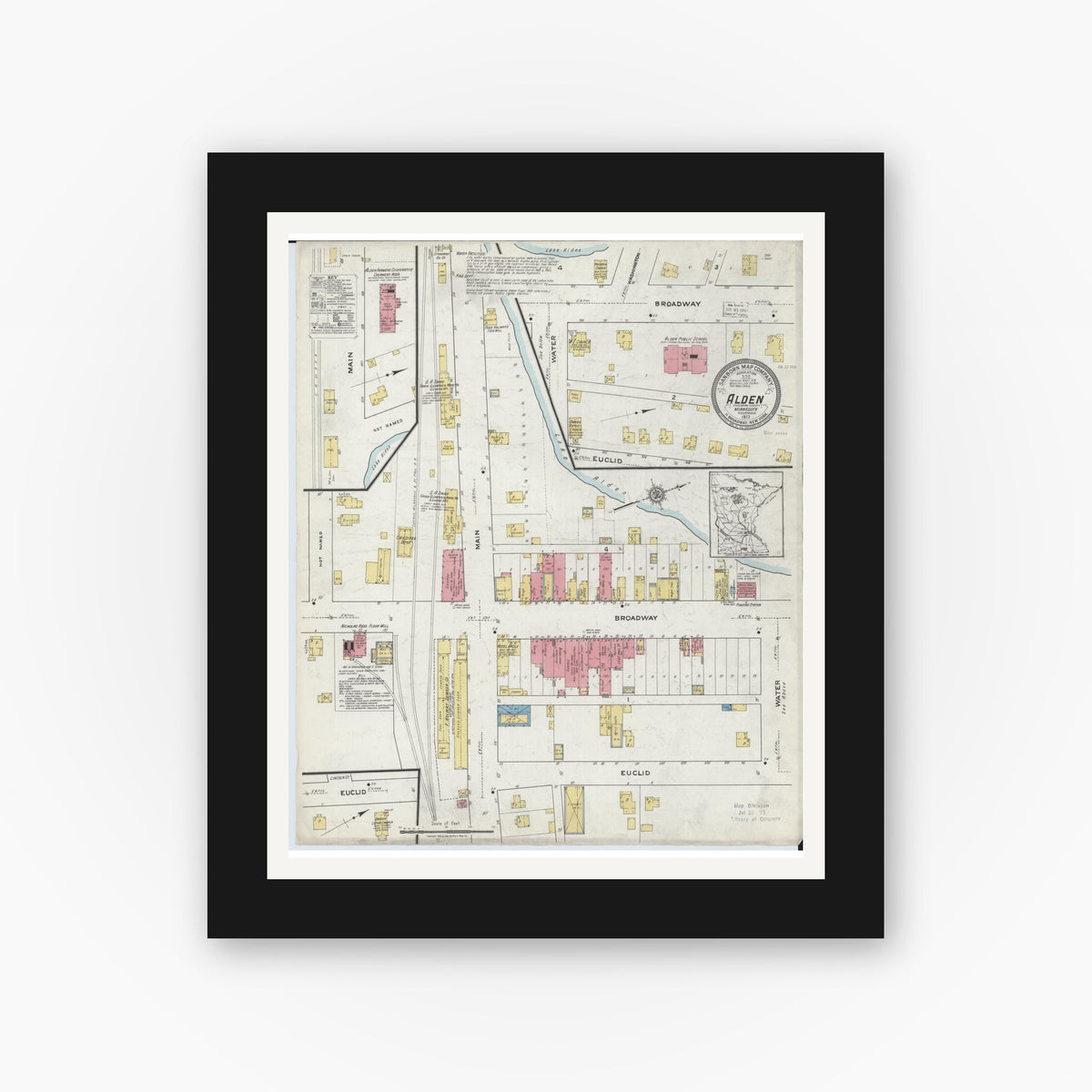 Old map wall art mockup — black gallery frame with white mat — Sanborn Fire Insurance Map from Alden, Freeborn County, Minnesota (1917), Sheet #0001