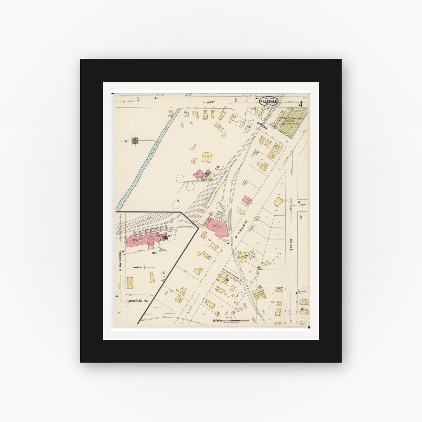 Old map wall art mockup — black gallery frame with white mat — Sanborn Fire Insurance Map from Hillsdale, Hillsdale County, Michigan (1922), Sheet #0004