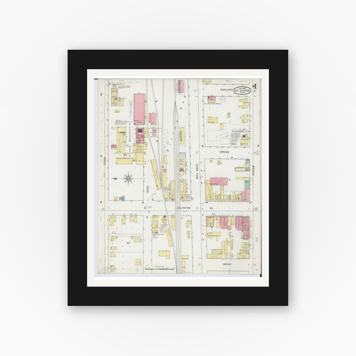 Old map wall art mockup — black gallery frame with white mat — Sanborn Fire Insurance Map from Saint Johns, Clinton County, Michigan (1895), Sheet #0004