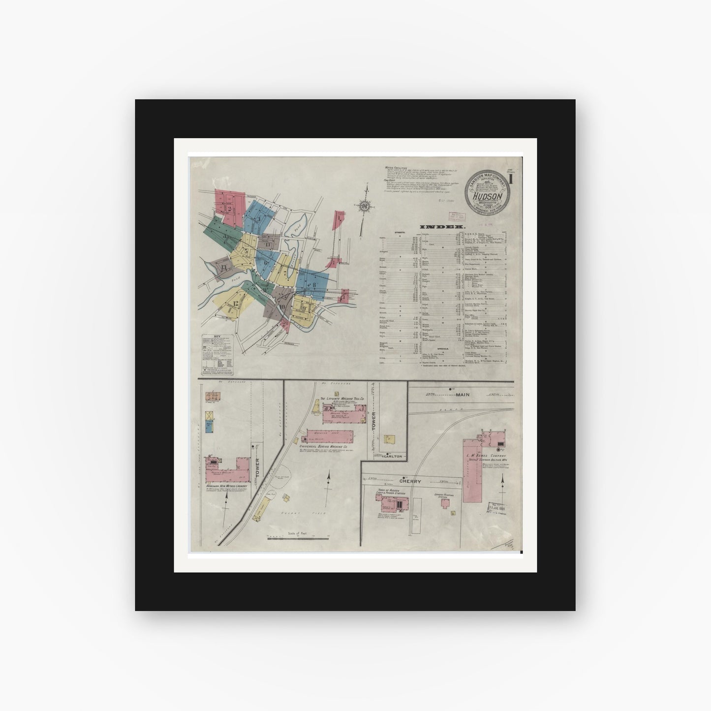 Old map wall art mockup — black gallery frame with white mat — Sanborn Fire Insurance Map from Hudson, Middlesex County, Massachusetts (1909) - Complete Map Set