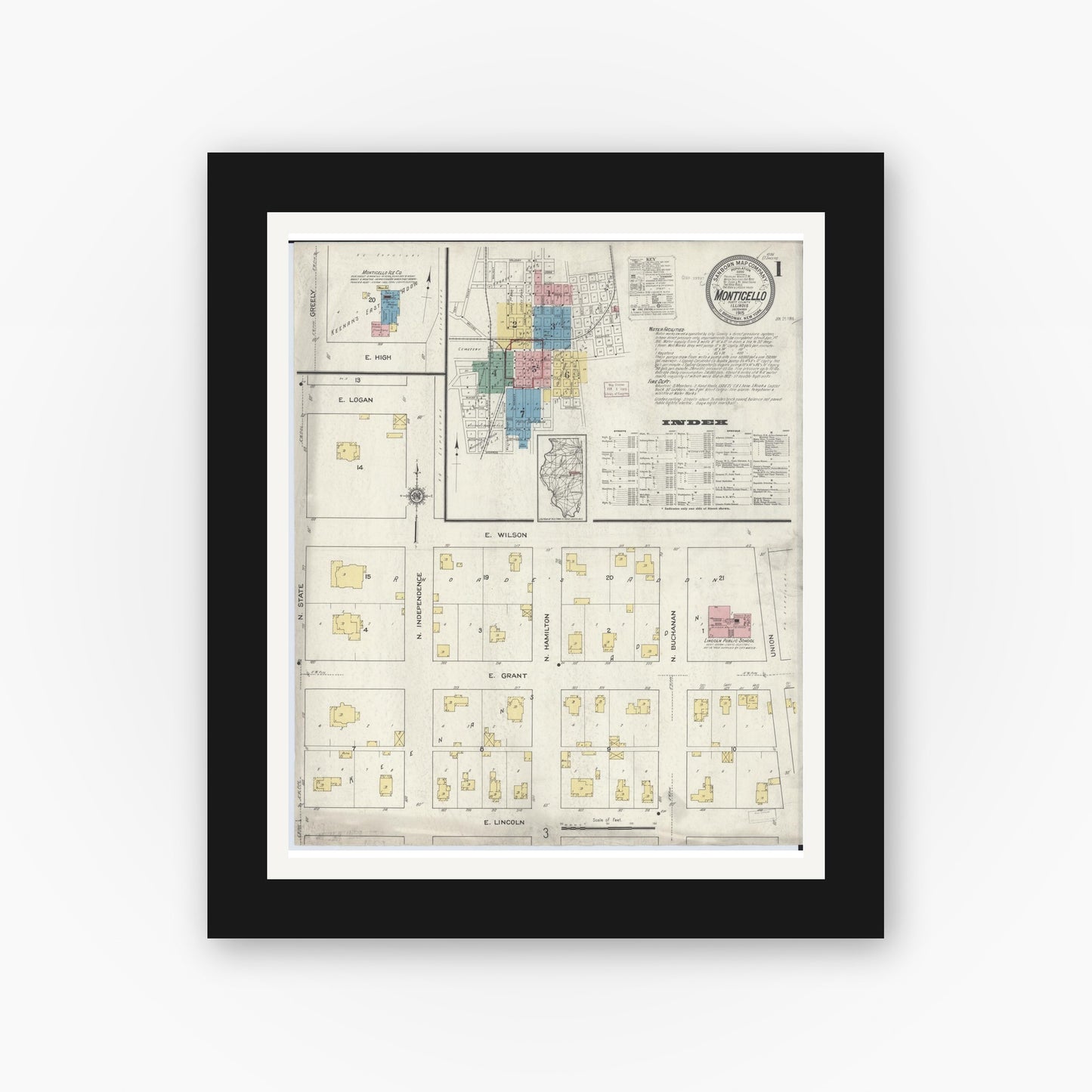 Old map wall art mockup — black gallery frame with white mat — Sanborn Fire Insurance Map from Monticello, Piatt County, Illinois (1915) - Complete Map Set