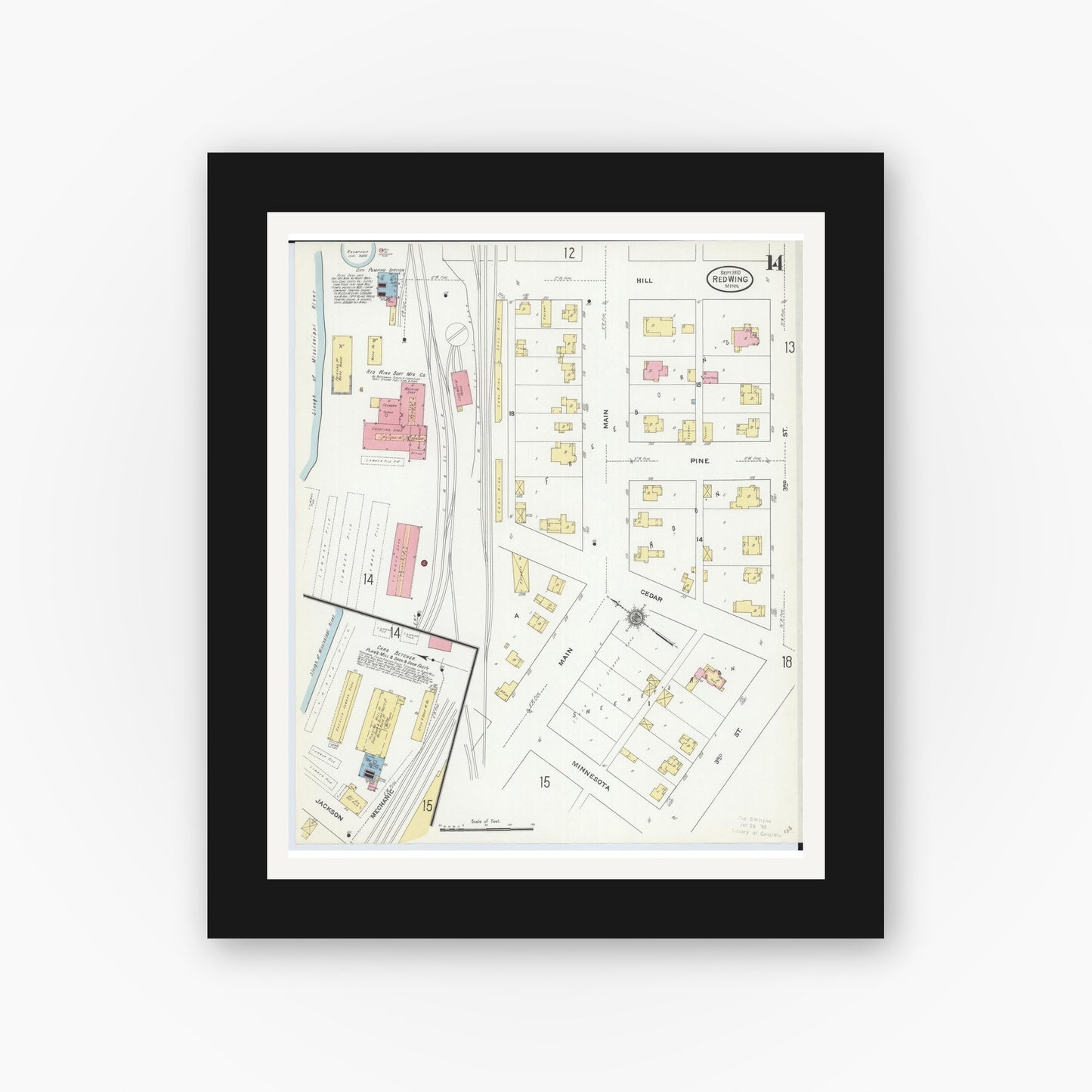 Old map wall art mockup — black gallery frame with white mat — Sanborn Fire Insurance Map from Red Wing, Goodhue County, Minnesota (1910), Sheet #0014