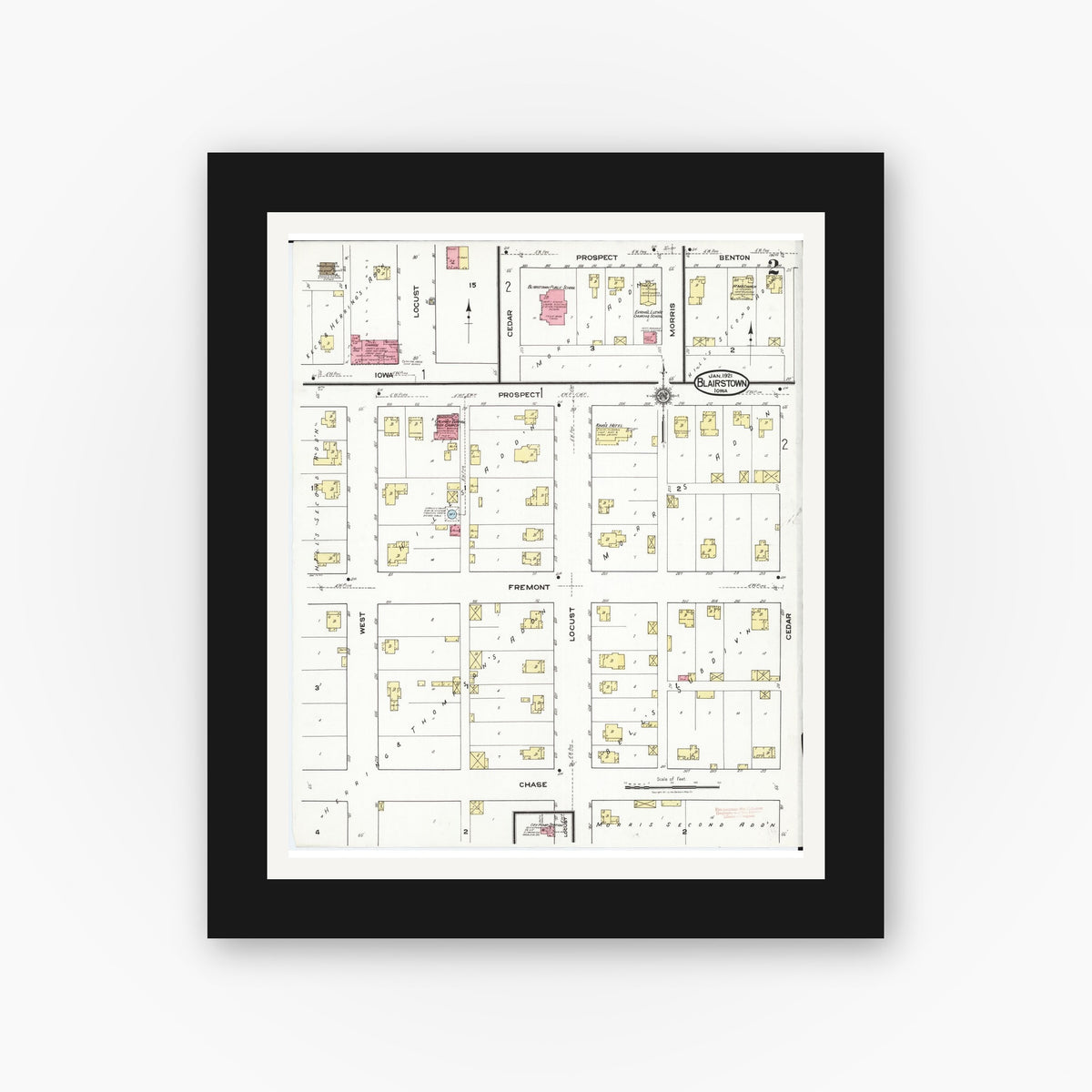 Old map wall art mockup — black gallery frame with white mat — Sanborn Fire Insurance Map from Blairstown, Benton County, Iowa (1921), Sheet #0002